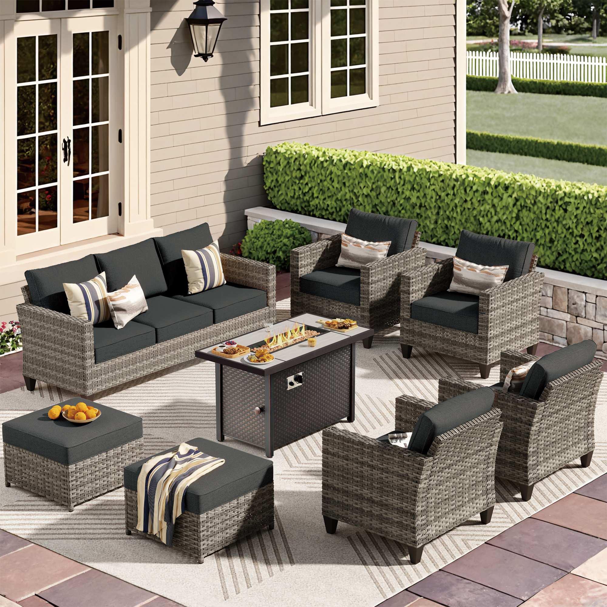 OVIOS 8-Piece Wicker Patio Set with Metal Fire Pit Table, view 5