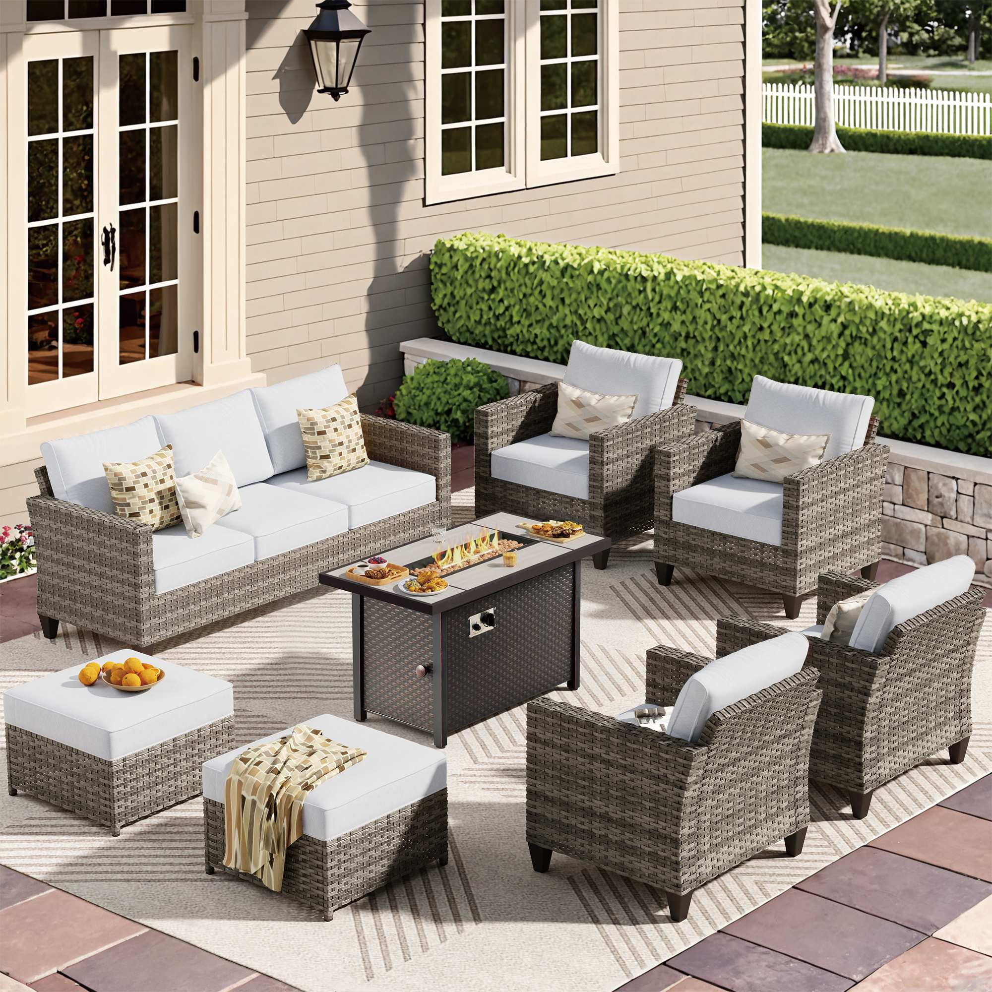 OVIOS 8-Piece Wicker Patio Set with Metal Fire Pit Table, view 6