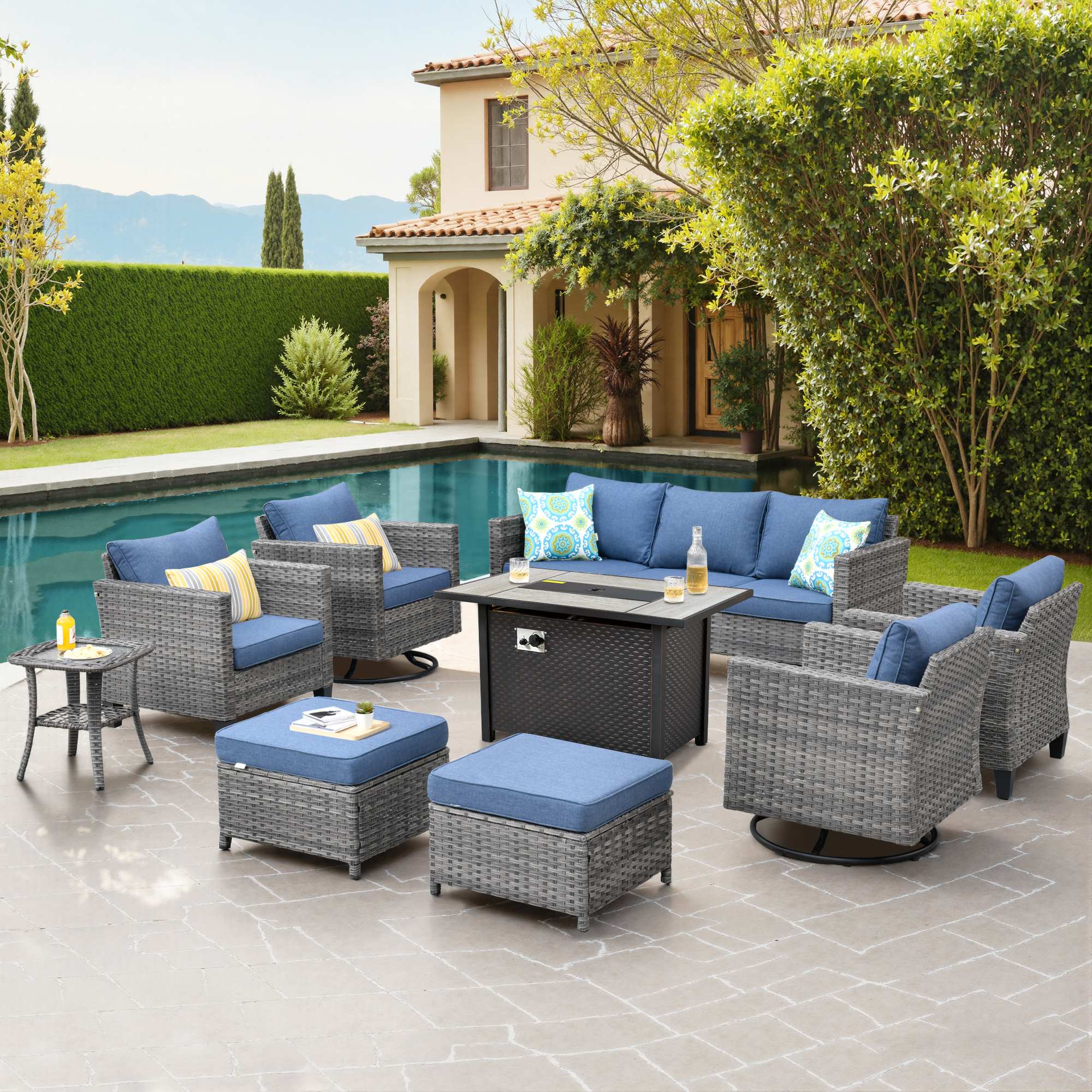 OVIOS 9-Piece Wicker Patio Set with Metal Fire Pit Table