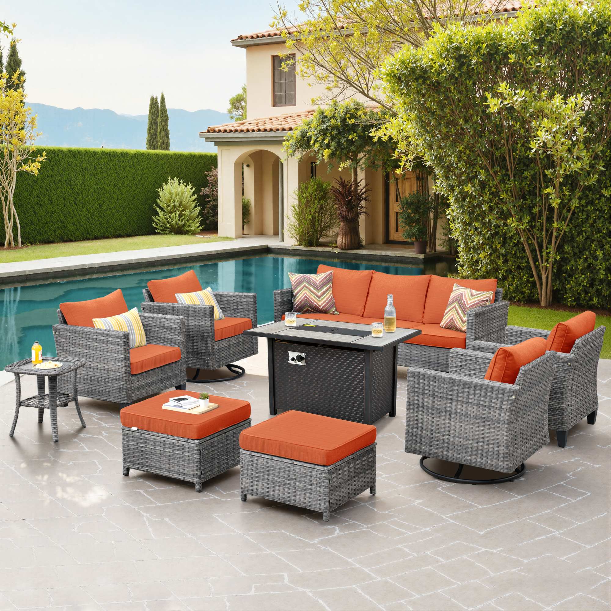 OVIOS 9-Piece Wicker Patio Set with Metal Fire Pit Table, view 3