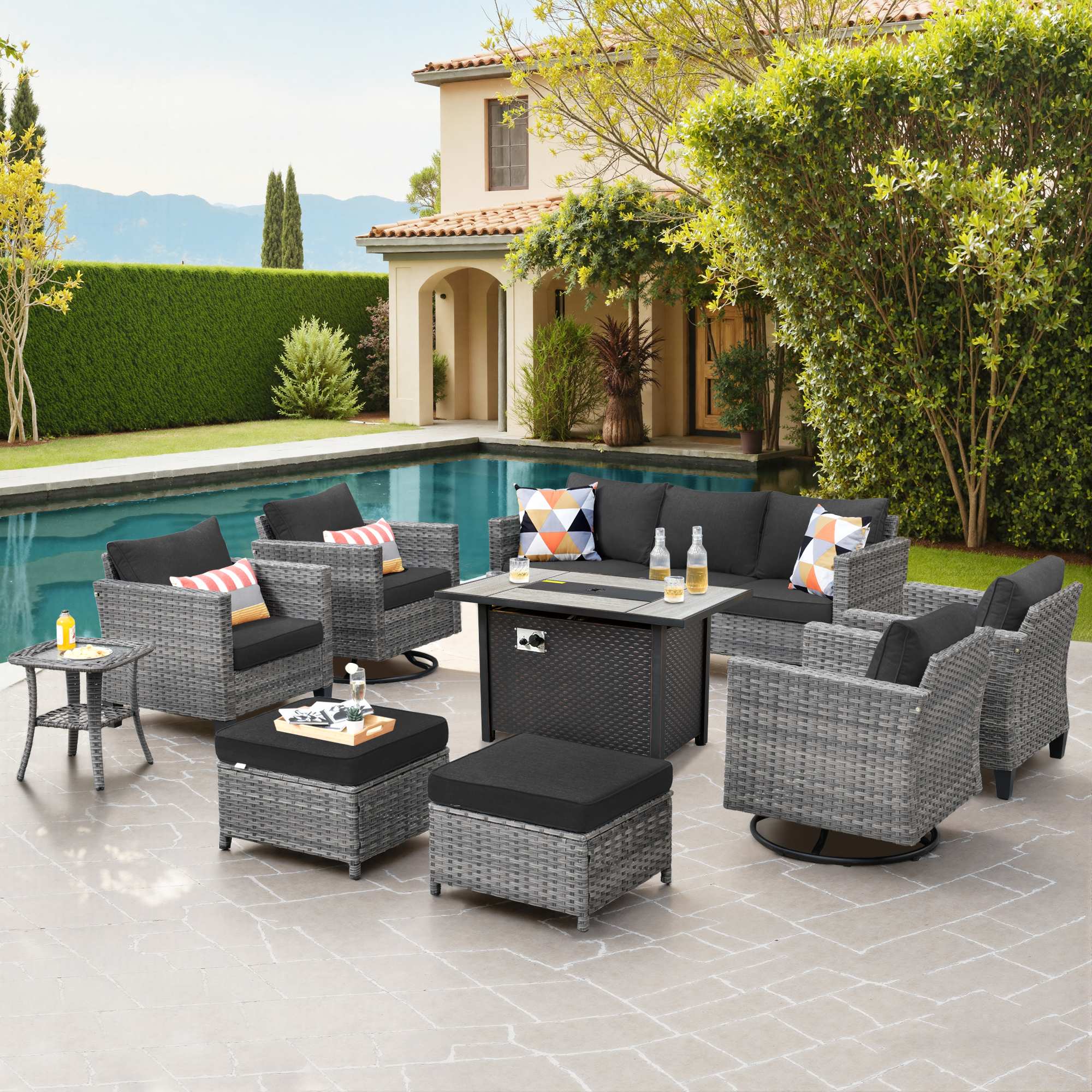 OVIOS 9-Piece Wicker Patio Set with Metal Fire Pit Table, view 4