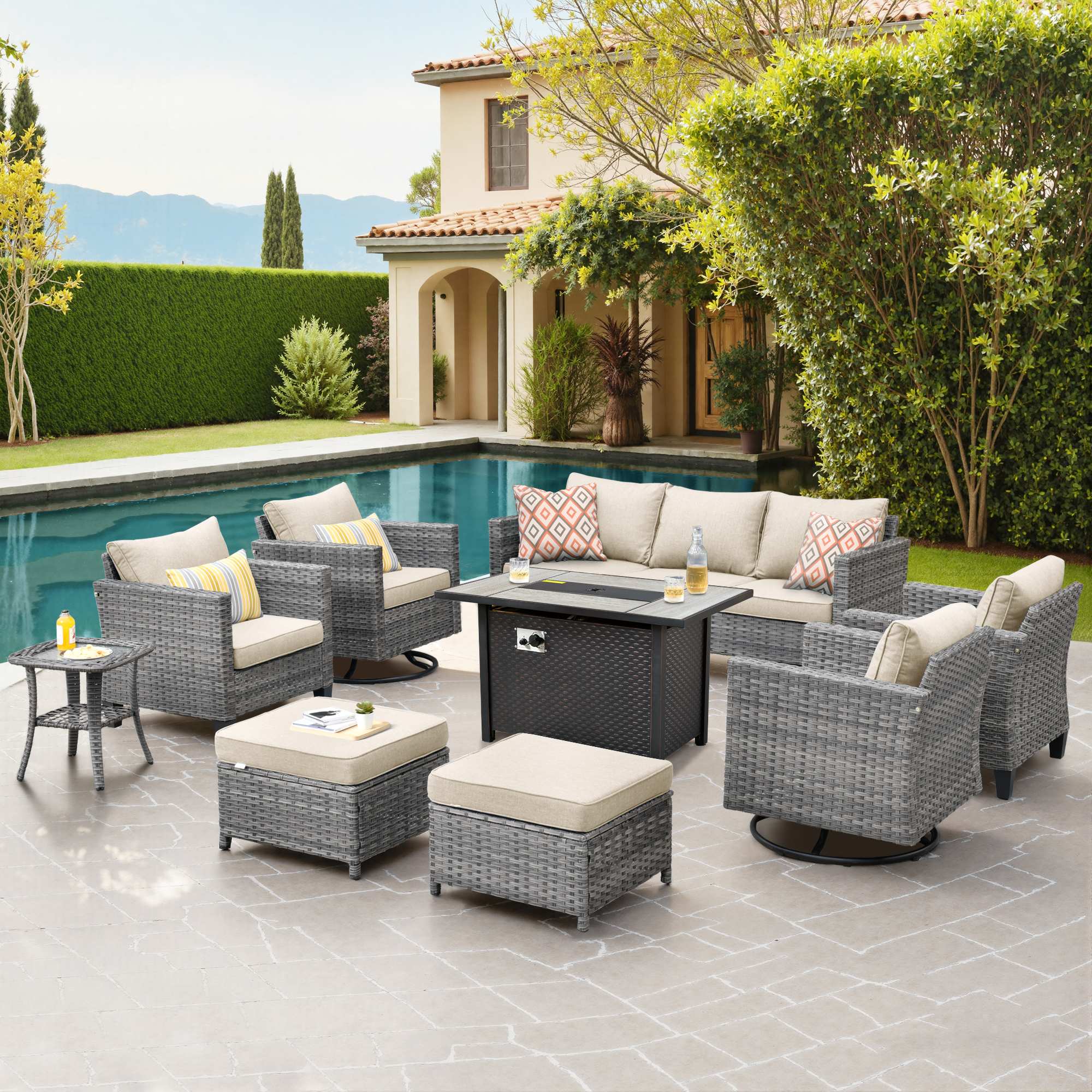OVIOS 9-Piece Wicker Patio Set with Metal Fire Pit Table, view 5