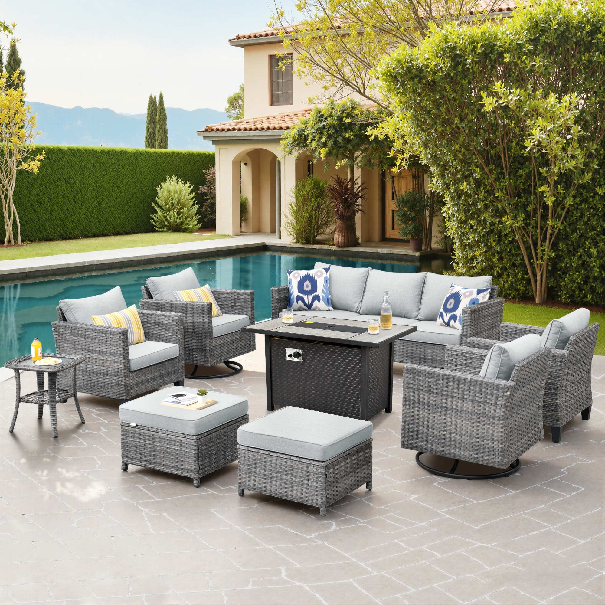 OVIOS 9-Piece Wicker Patio Set with Metal Fire Pit Table, view 6
