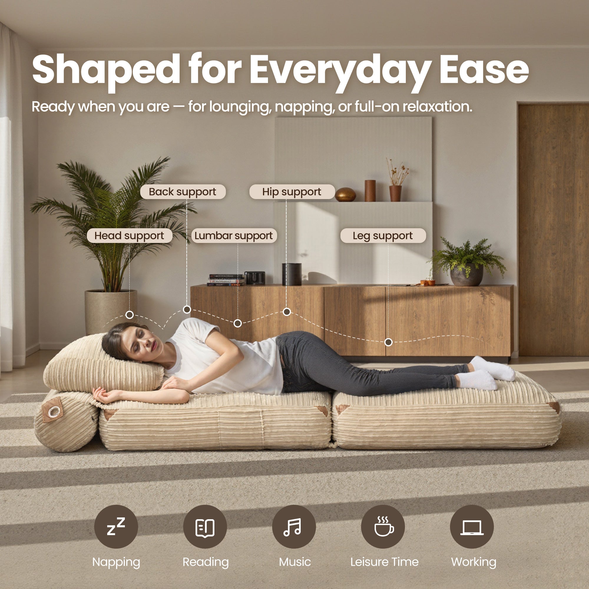 OVIOS Bean Bag Bed Folding Sofa Bed – Convertible Sleeper Chair with Pillow & Back Support, view 3