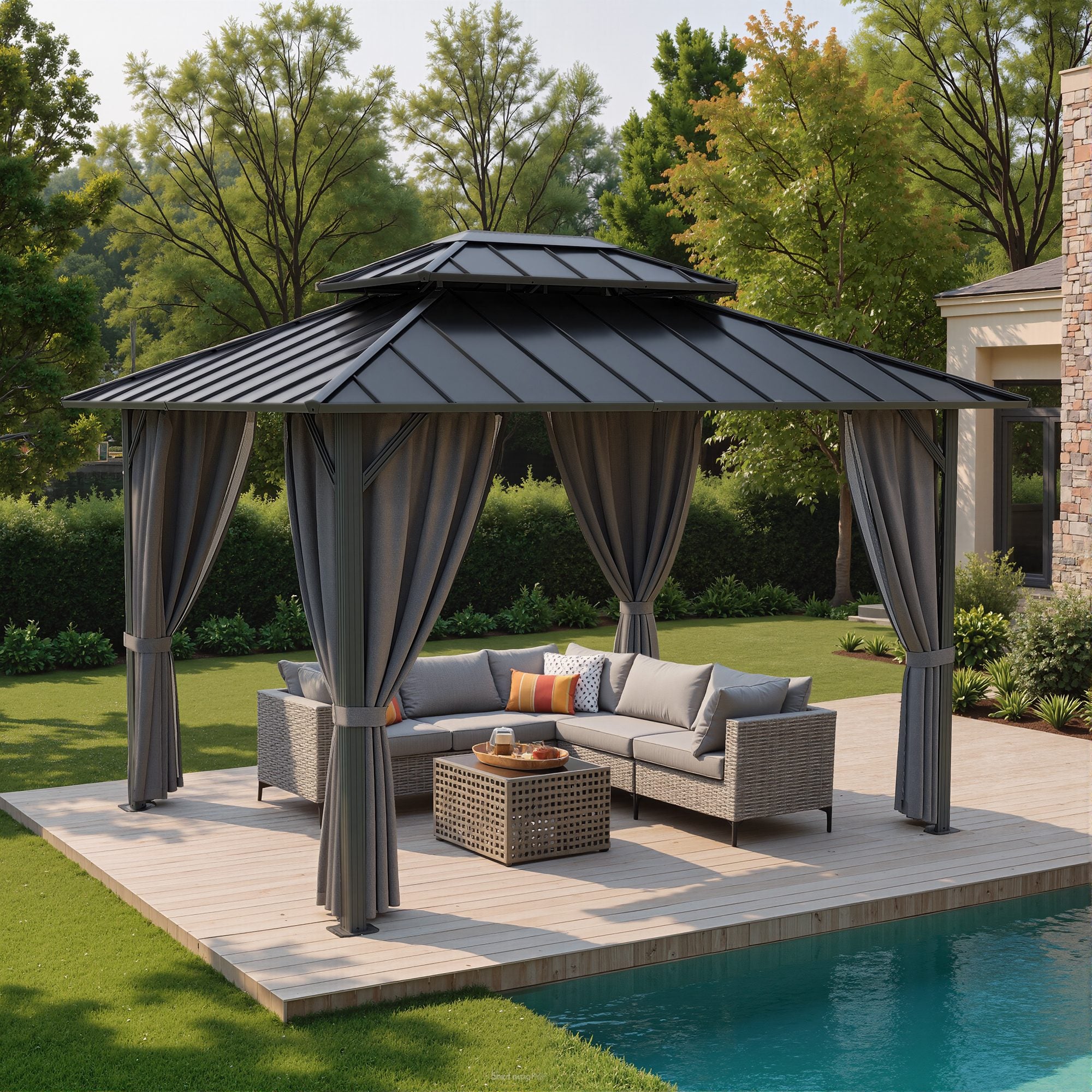 OVIOS Hardtop Gazebo with Steel Double Roof with Netting and Curtains, Aluminum Frame