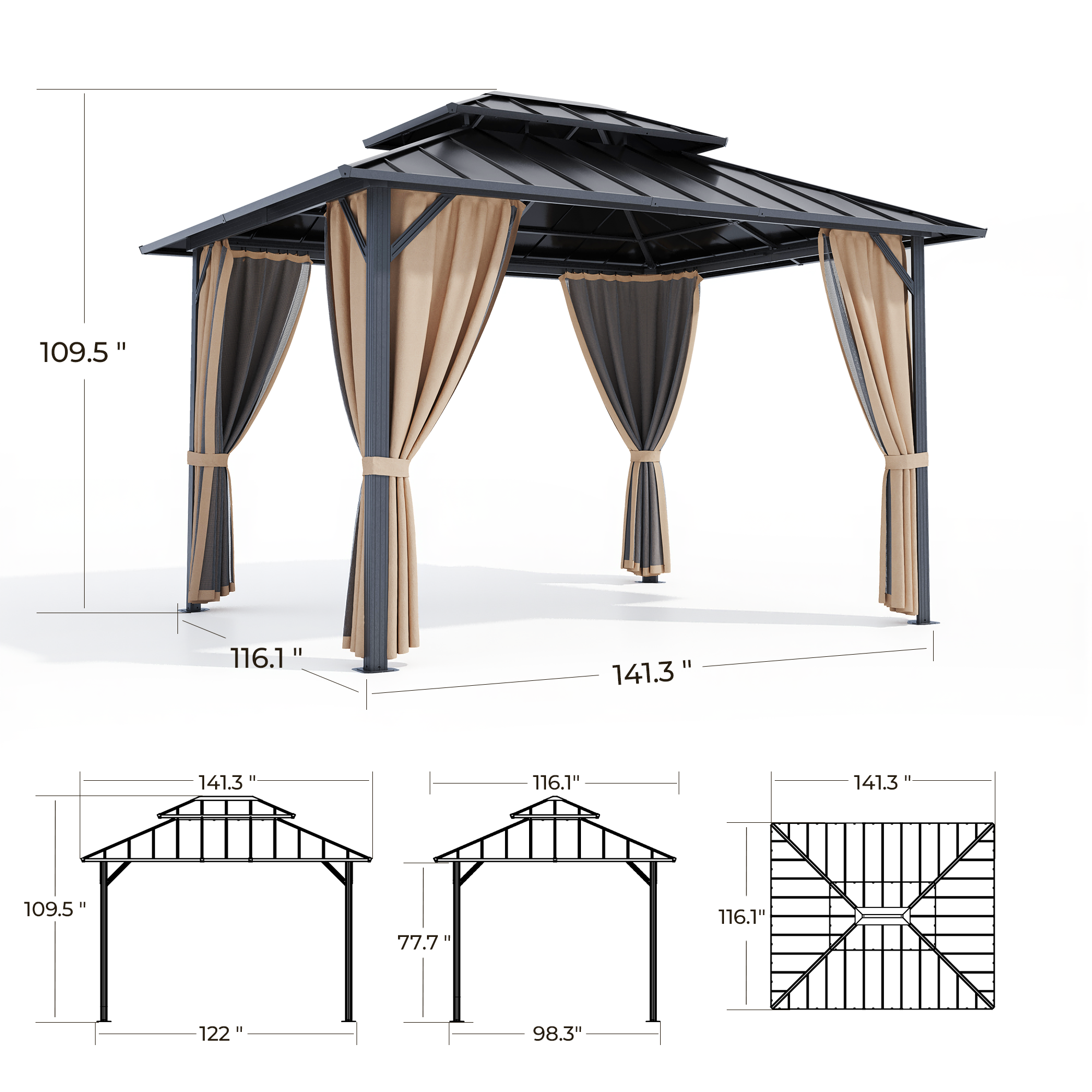 OVIOS Hardtop Gazebo with Steel Double Roof with Netting and Curtains, Aluminum Frame, view 3