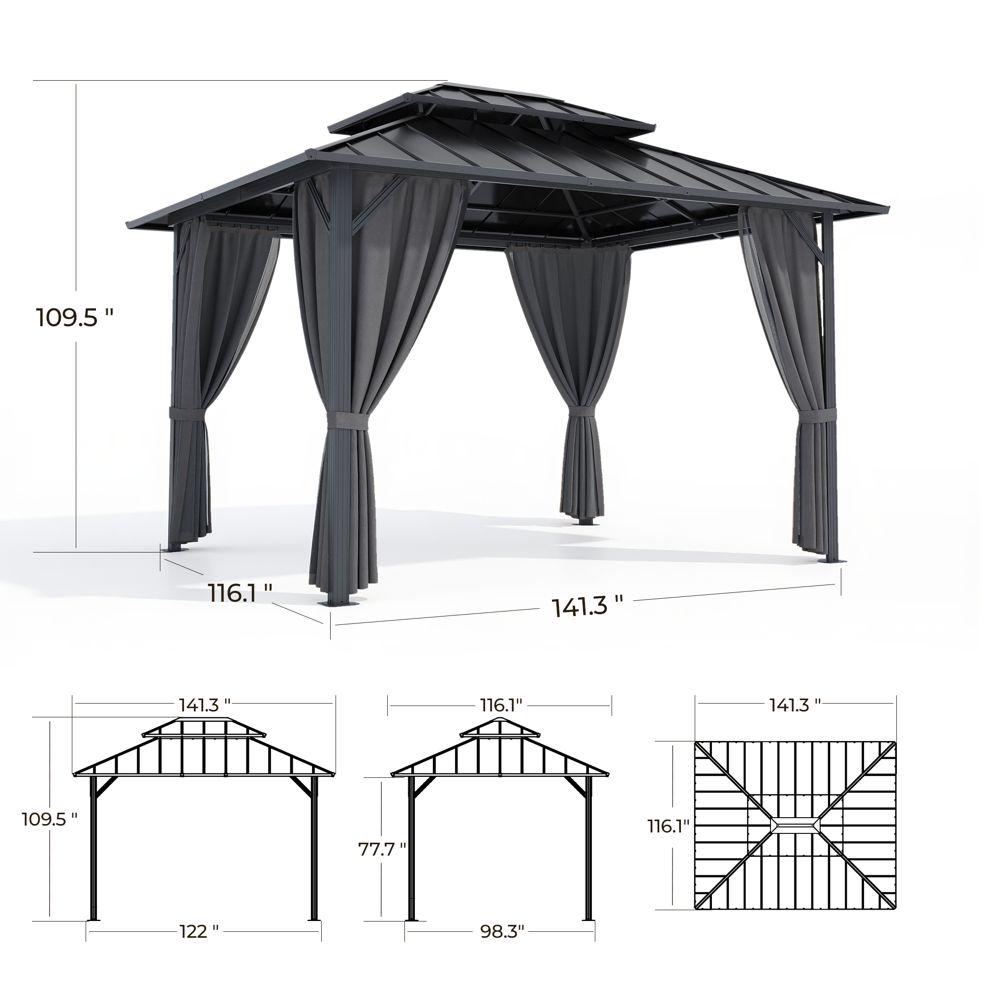 OVIOS Hardtop Gazebo with Steel Double Roof with Netting and Curtains, Aluminum Frame, view 4