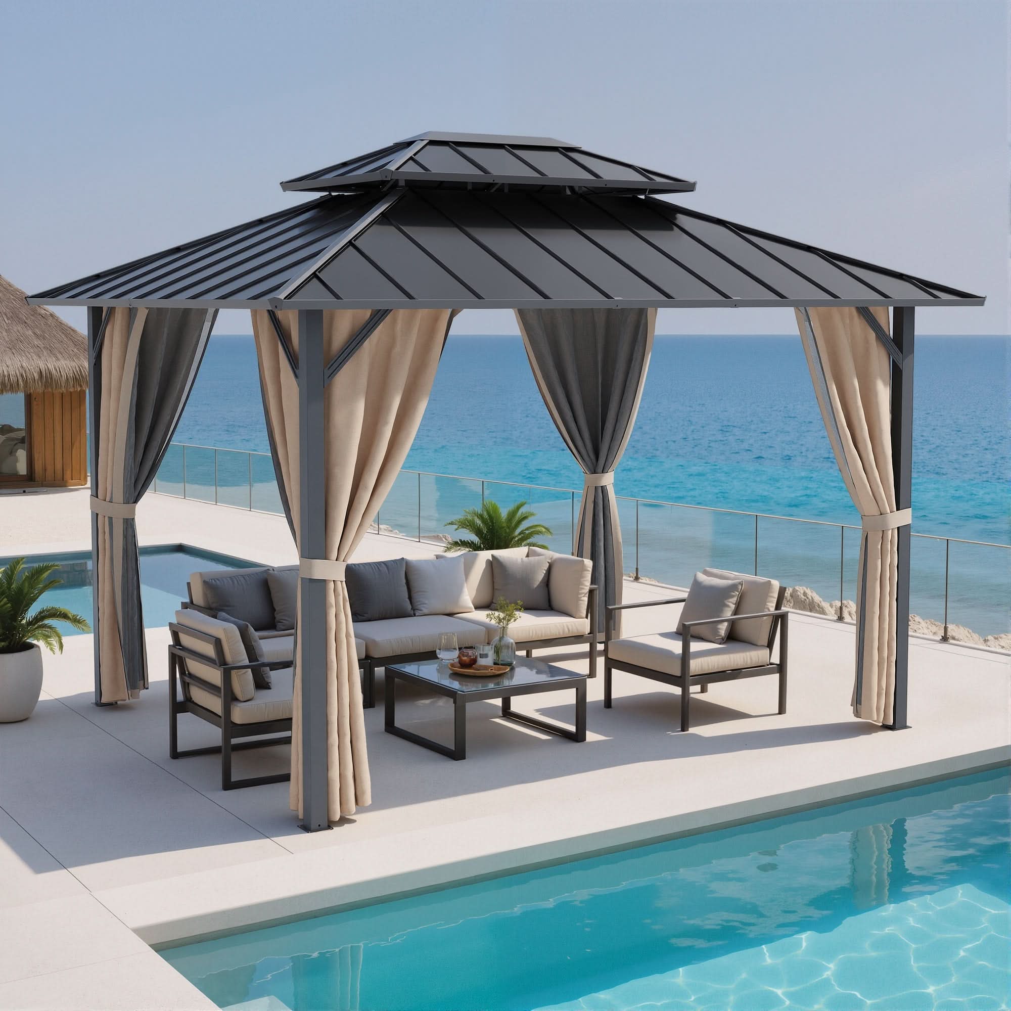 OVIOS Hardtop Gazebo with Double-Tier Steel Roof, Outdoor Patio Gazebo with Curtains & Netting for Backyard, Lawn and Garden