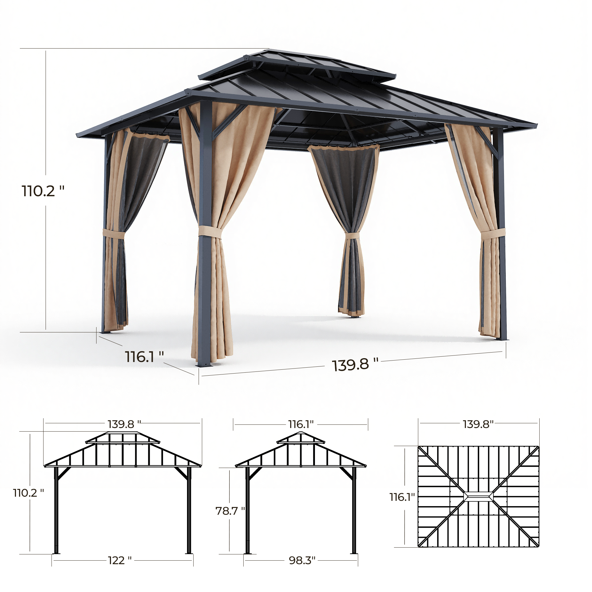 OVIOS Hardtop Gazebo with Double-Tier Steel Roof, Outdoor Patio Gazebo with Curtains & Netting for Backyard, Lawn and Garden, view 3