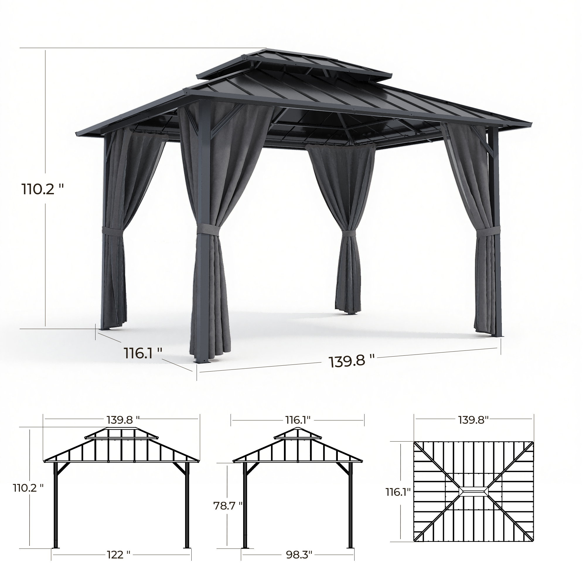 OVIOS Hardtop Gazebo with Double-Tier Steel Roof, Outdoor Patio Gazebo with Curtains & Netting for Backyard, Lawn and Garden, view 4