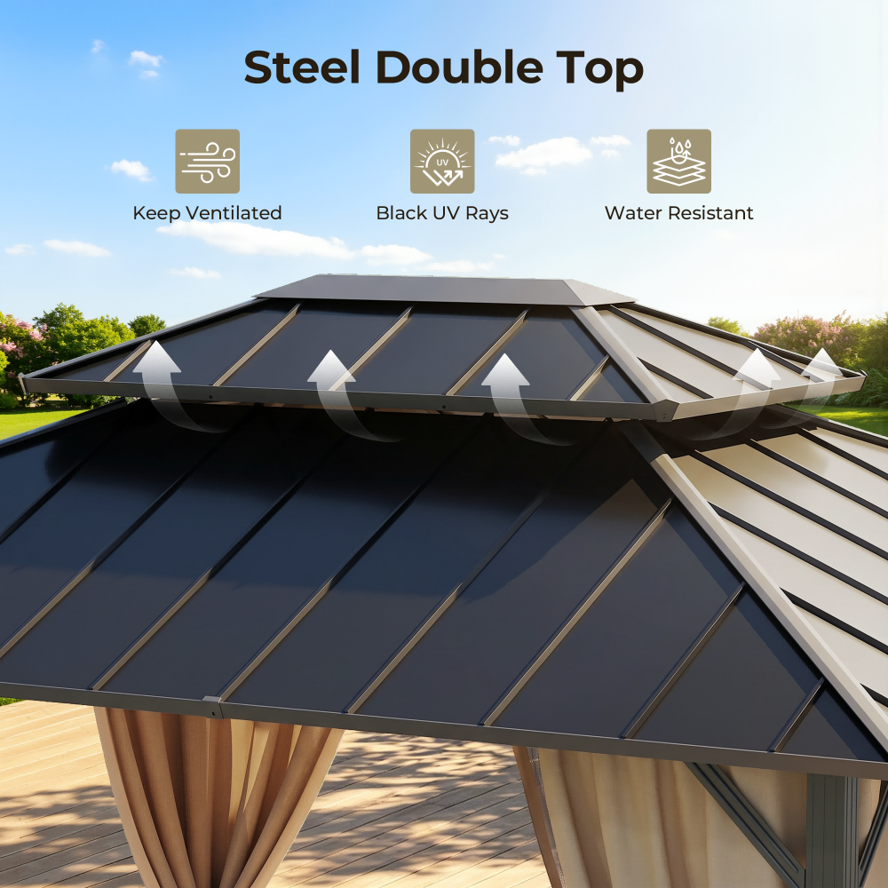OVIOS Hardtop Gazebo with Double-Tier Steel Roof, Outdoor Patio Gazebo with Curtains & Netting for Backyard, Lawn and Garden, view 5