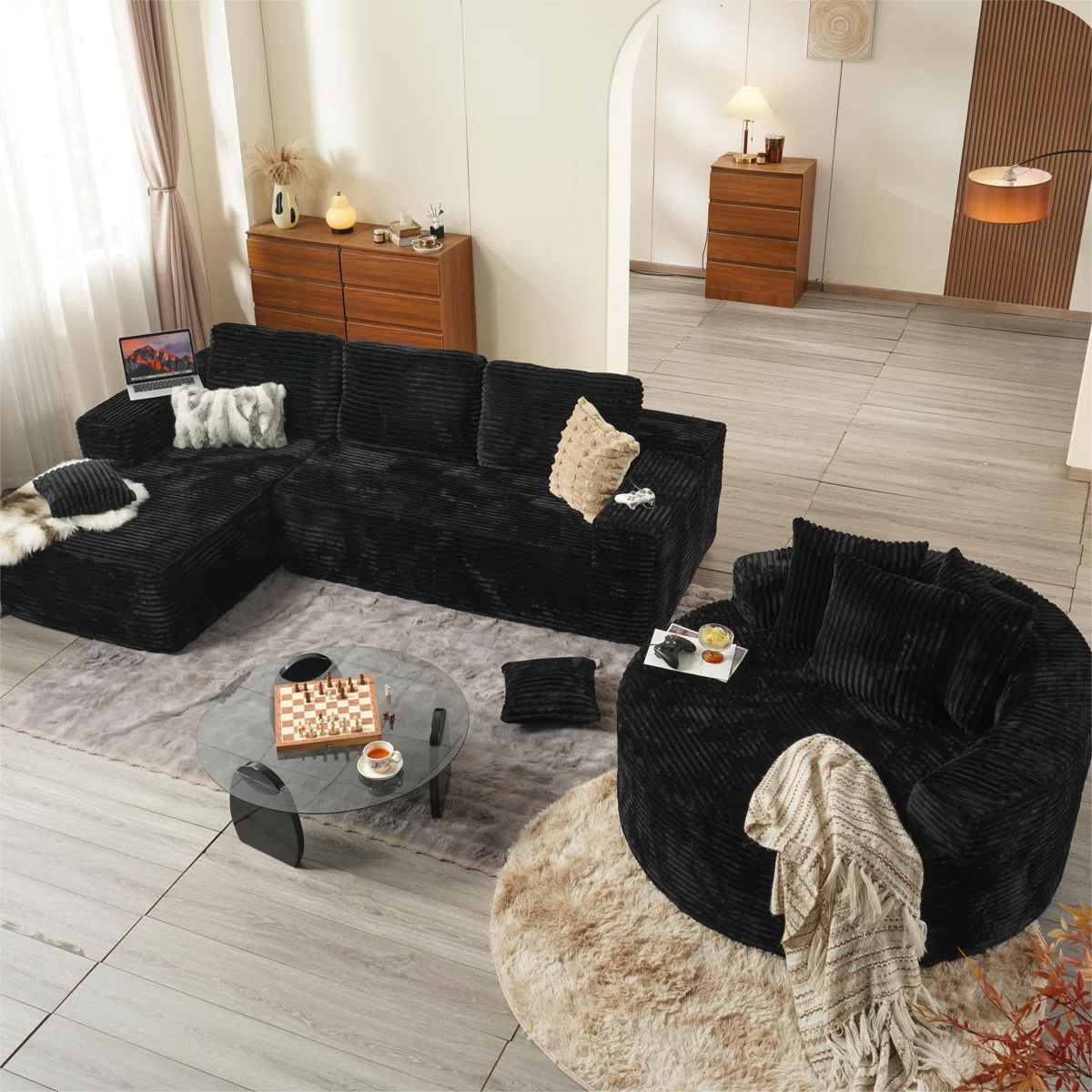 OVIOS Modern 3-Piece Sectional Sofa Set With Loveseat & Chaise Lounge, No-Assembly Design