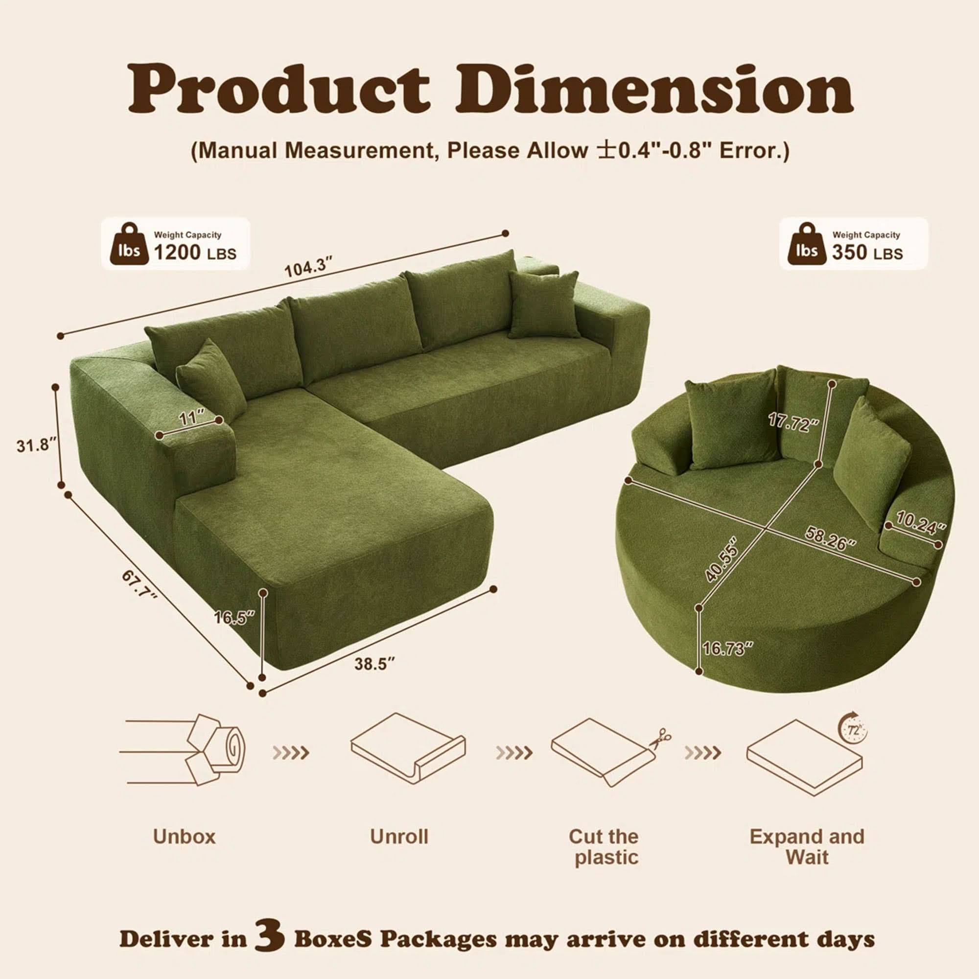 OVIOS Modern 3-Piece Sectional Sofa Set With Loveseat & Chaise Lounge, No-Assembly Design, view 3