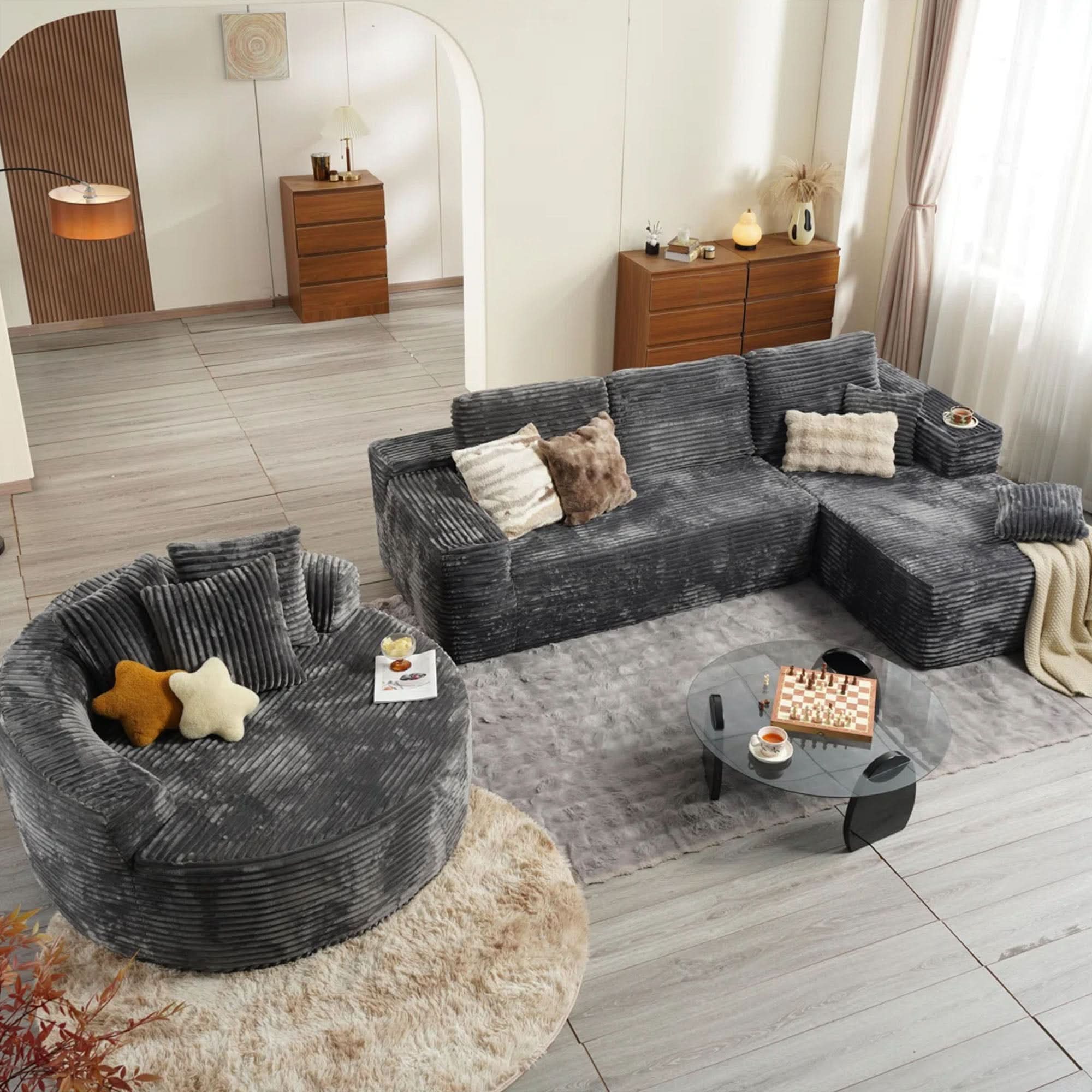 OVIOS Modern 3-Piece Sectional Sofa Set With Loveseat & Chaise Lounge, No-Assembly Design, view 6