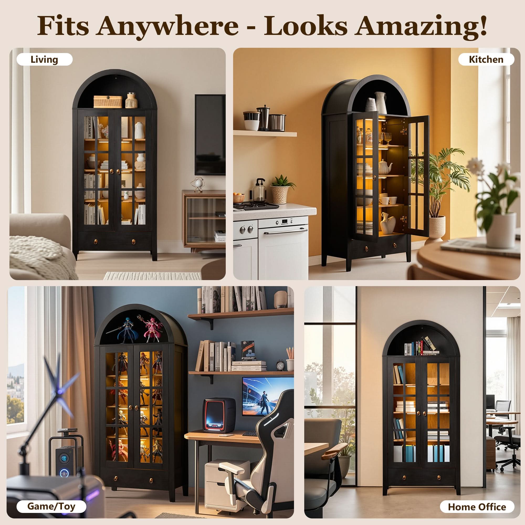 OVIOS Modern Glass Door Storage Cabinet with Adjustable Shelves and Drawer, view 4