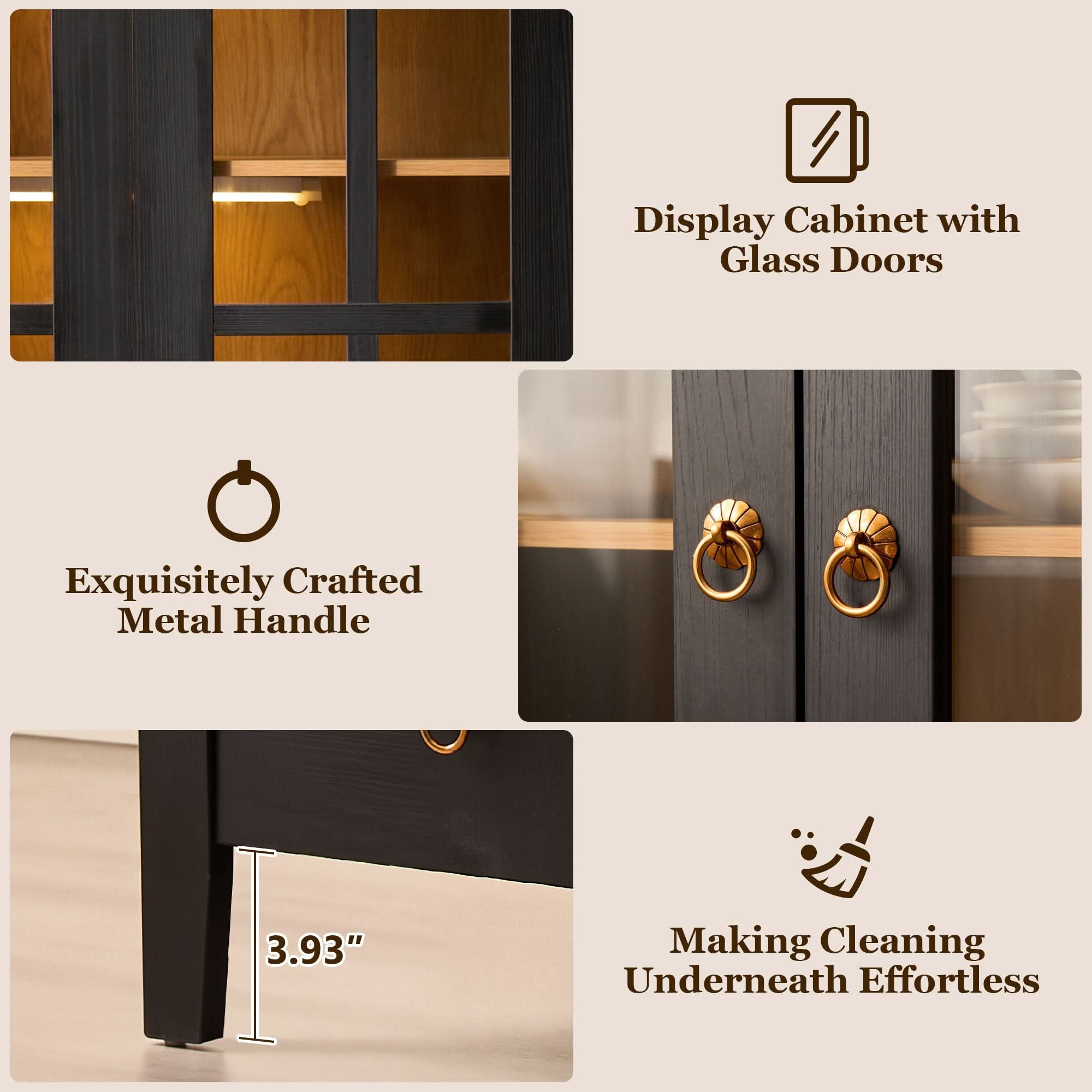 OVIOS Modern Glass Door Storage Cabinet with Adjustable Shelves and Drawer, view 5