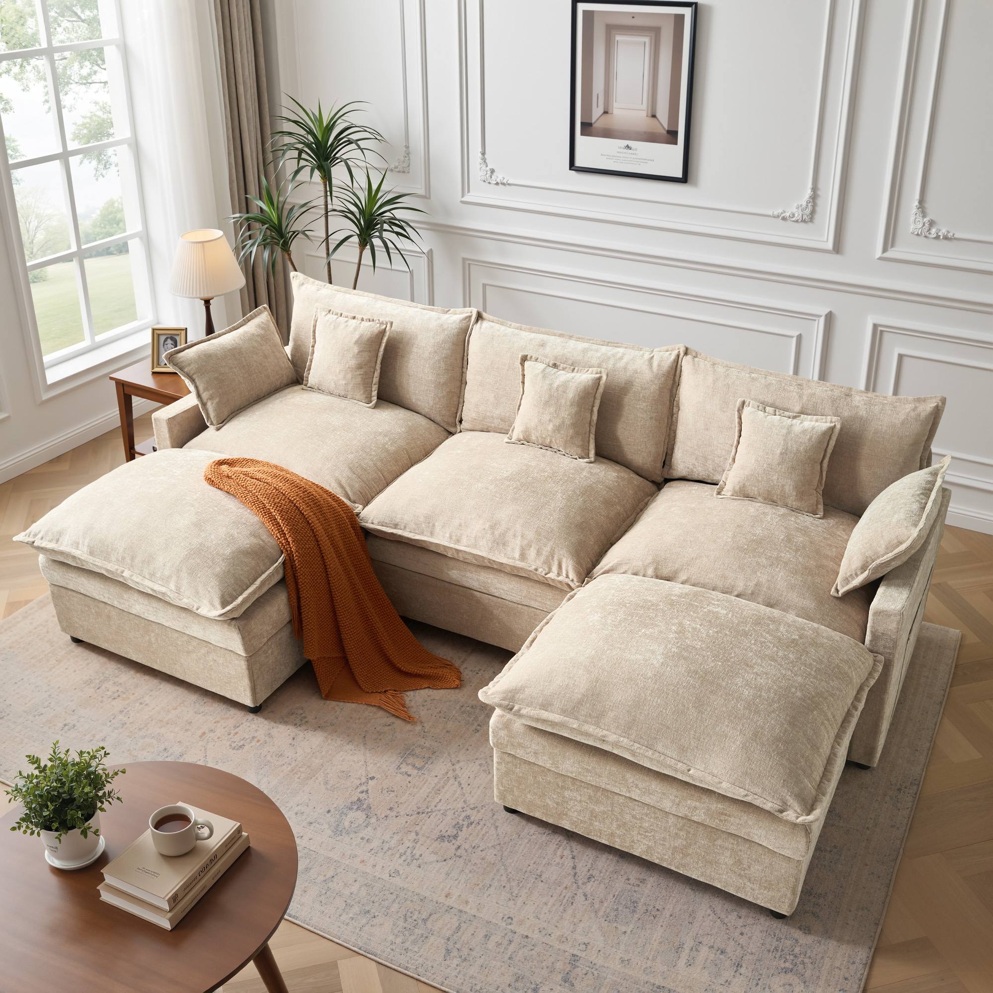 OVIOS U-Shaped Modular Sectional Sofa, Cloud Couch with 2 Ottomans, Deep Seat Chenille Sofa for Living Room