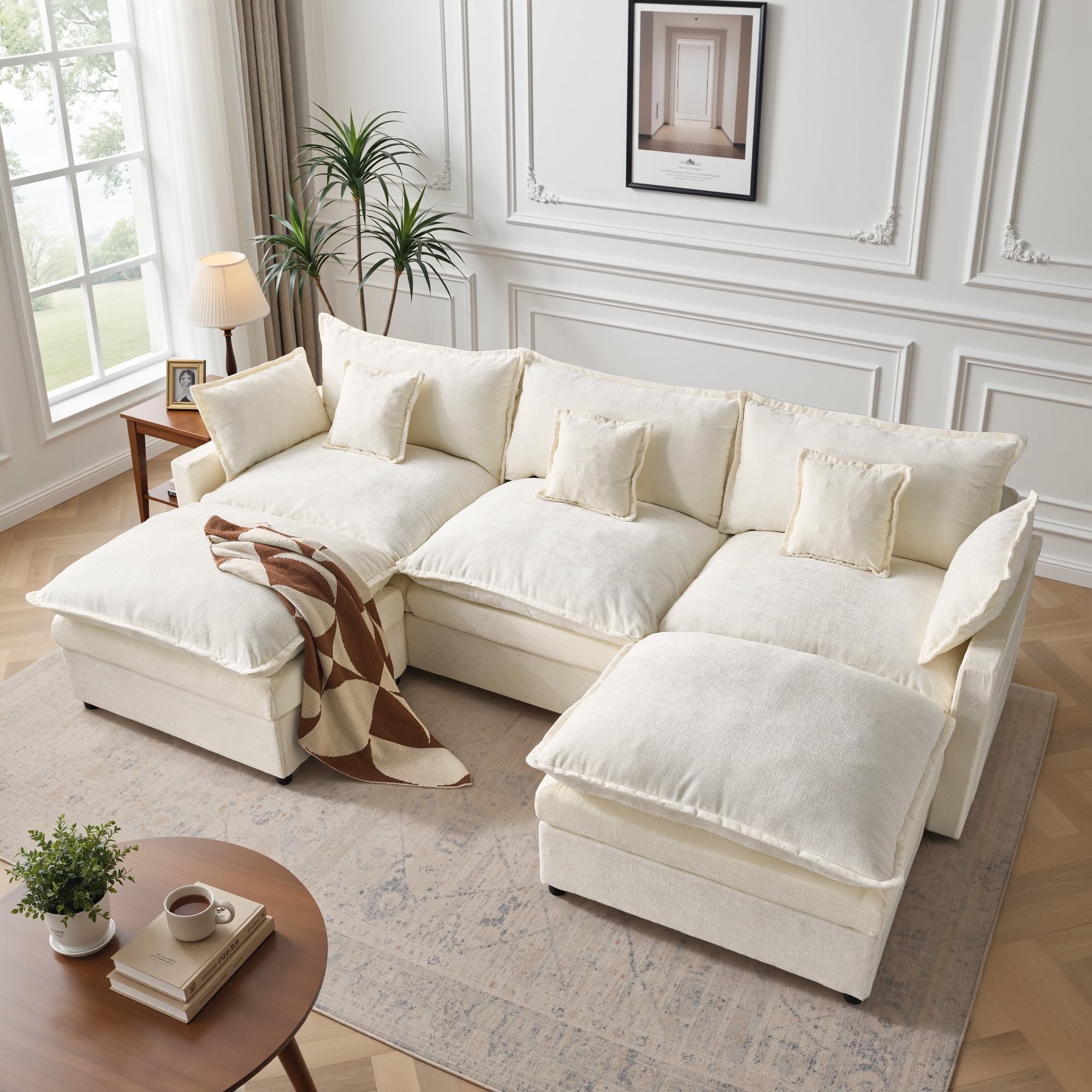 OVIOS U-Shaped Modular Sectional Sofa, Cloud Couch with 2 Ottomans, Deep Seat Chenille Sofa for Living Room, view 3