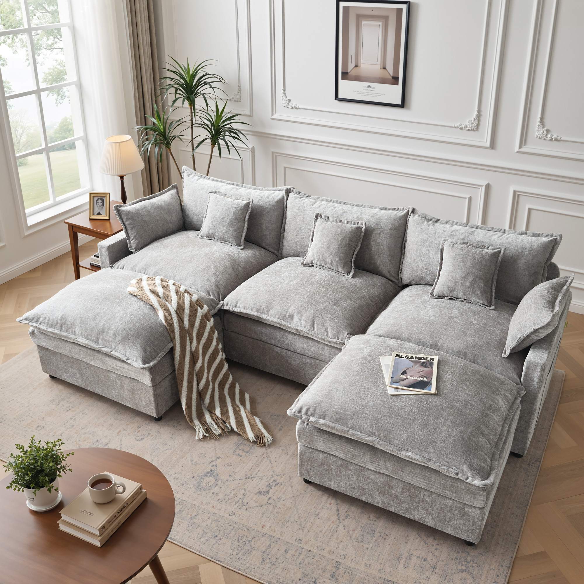 OVIOS U-Shaped Modular Sectional Sofa, Cloud Couch with 2 Ottomans, Deep Seat Chenille Sofa for Living Room, view 4