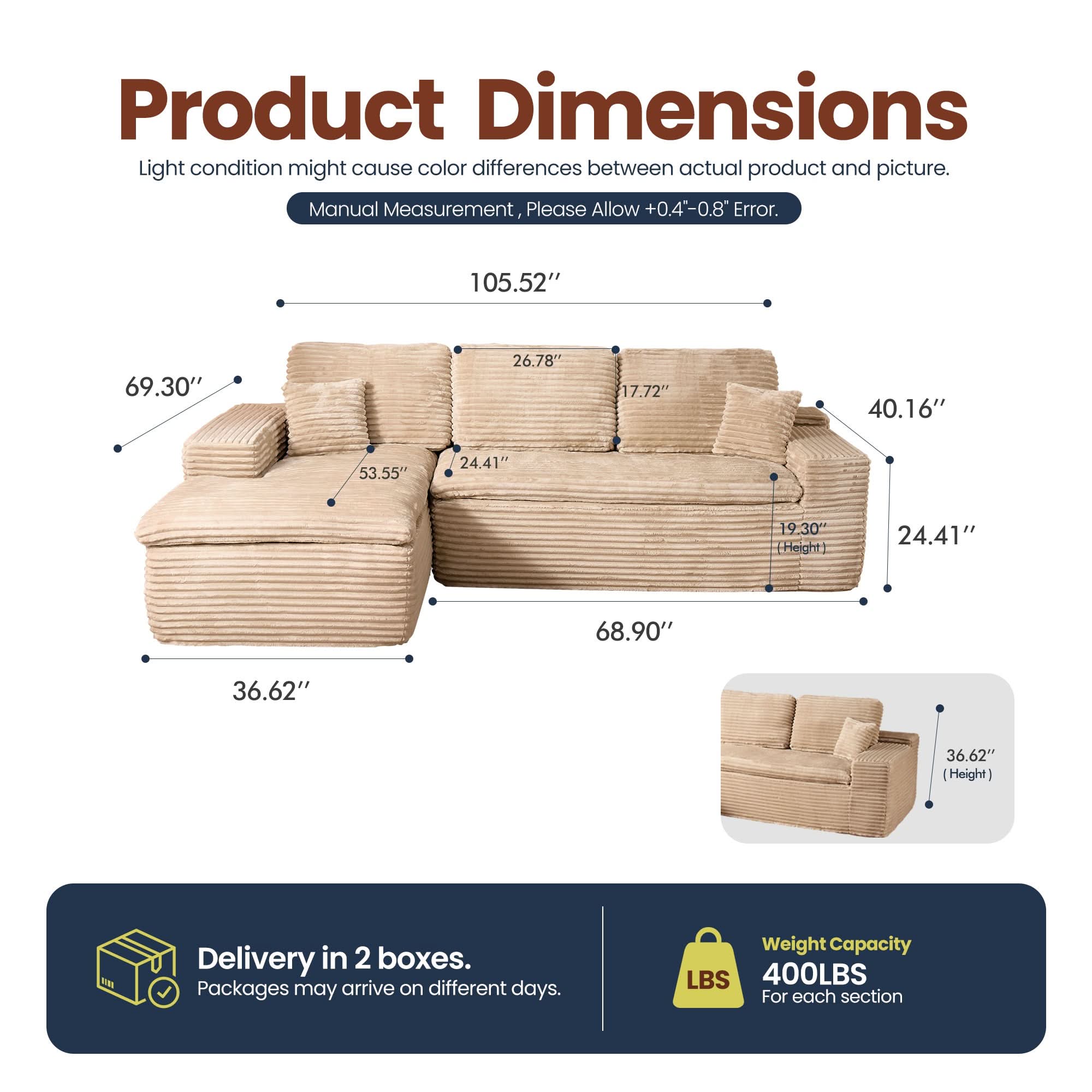 OVIOS 105" Modular Sectional Sofa with Chaise,Deep Seat Cloud Couch, Modern L-Shape, view 4
