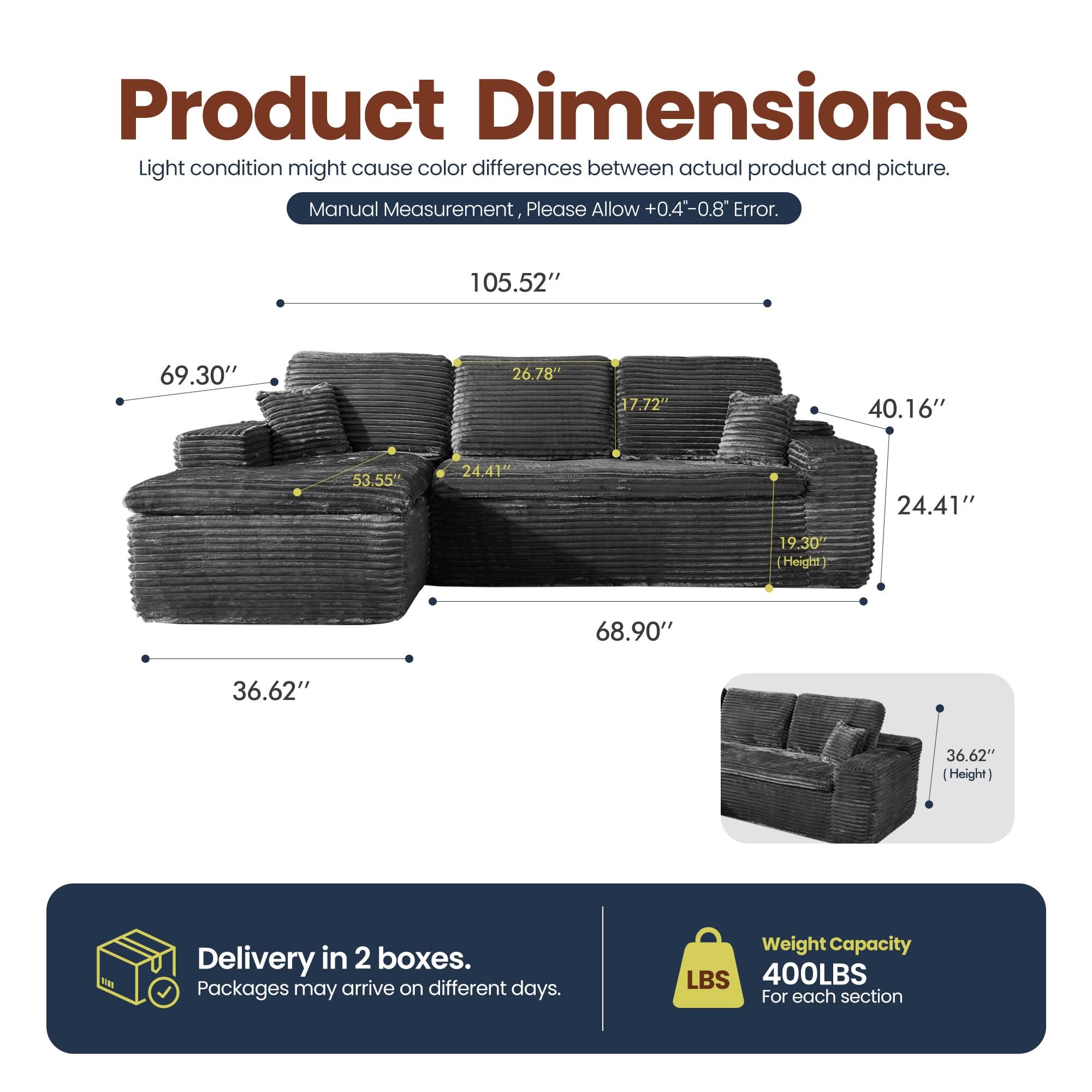 OVIOS 105" Modular Sectional Sofa with Chaise,Deep Seat Cloud Couch, Modern L-Shape, view 6