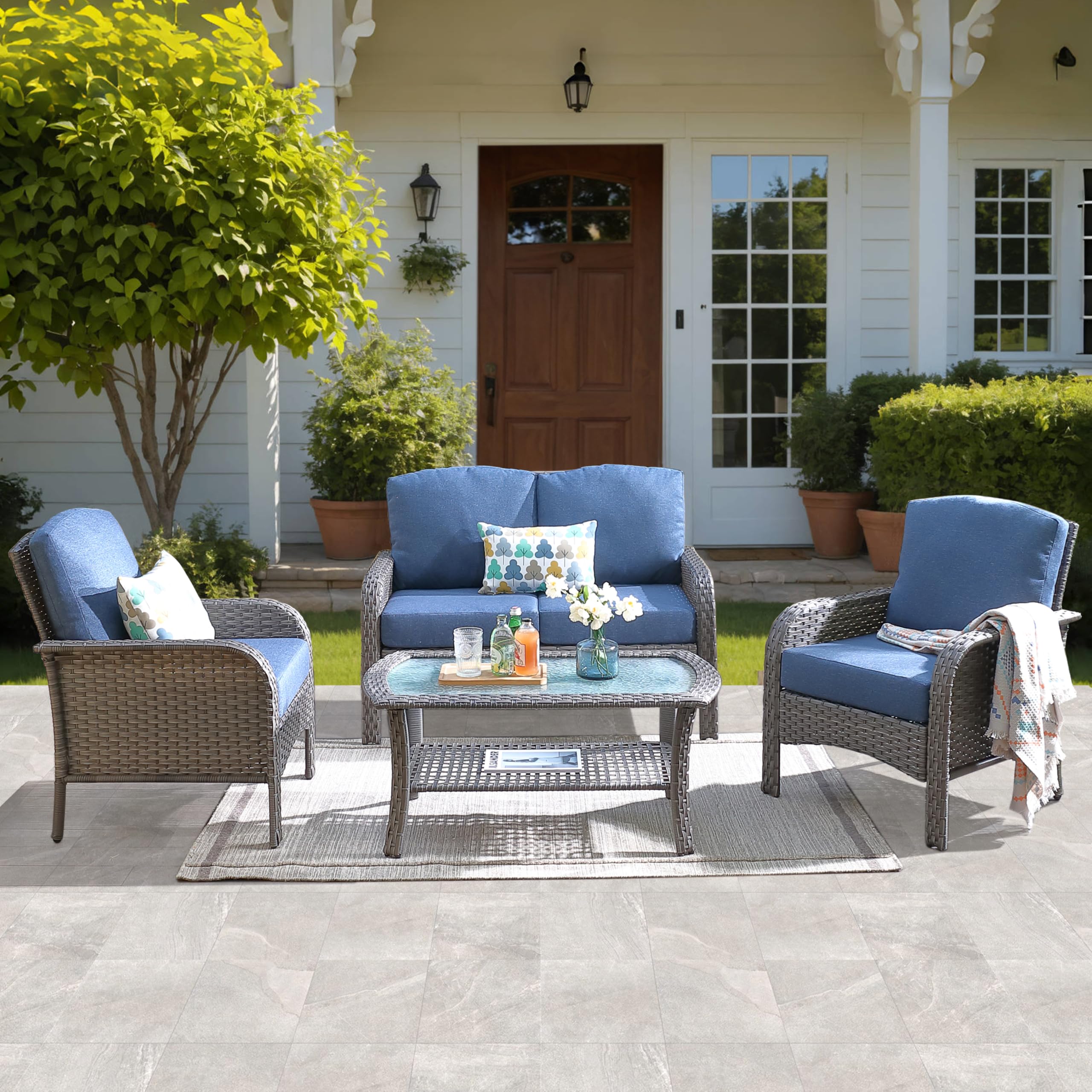 OVIOS 4 Piece Patio Furniture Set High Back All Weather PE Wicker