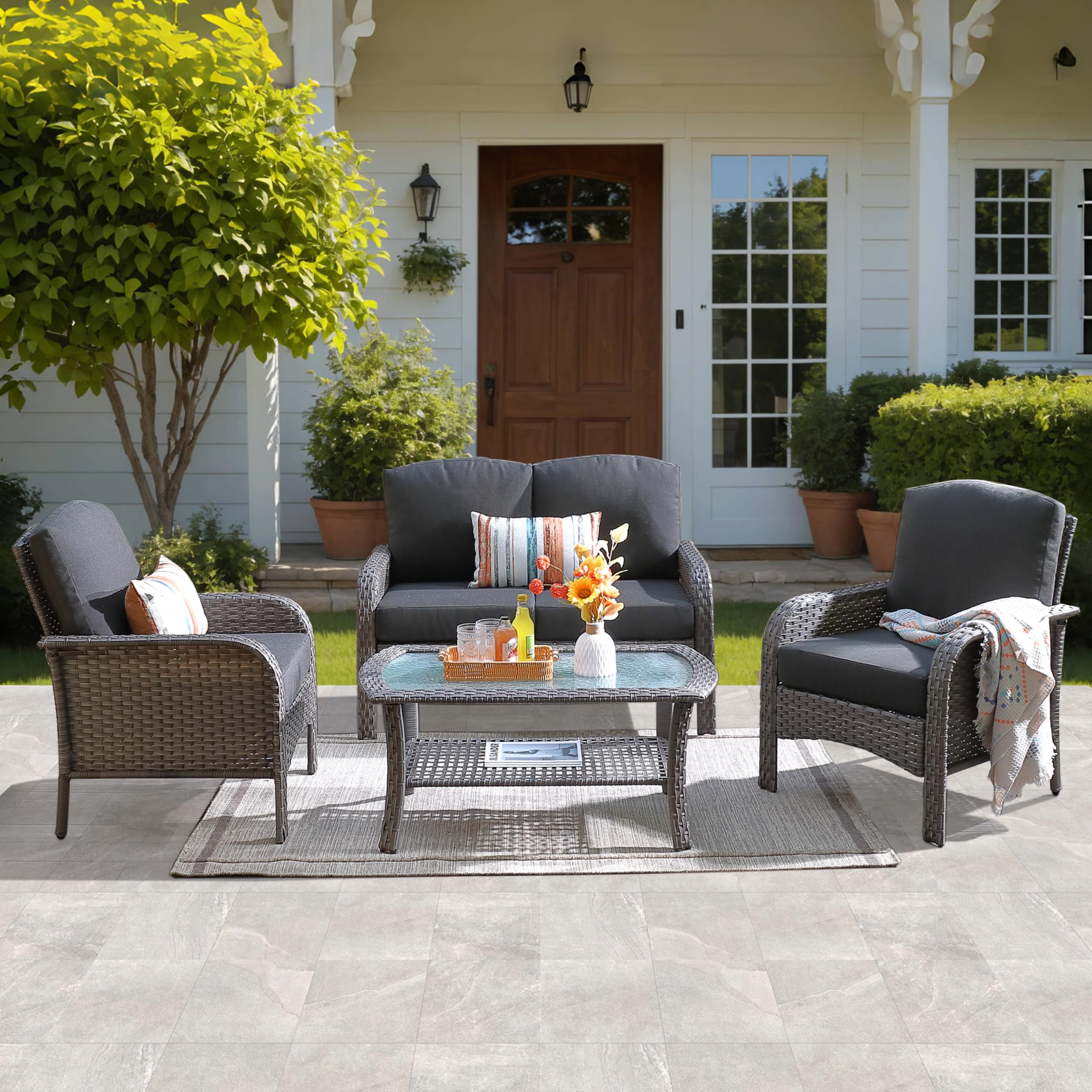 OVIOS 4 Piece Patio Furniture Set High Back All Weather PE Wicker, view 3