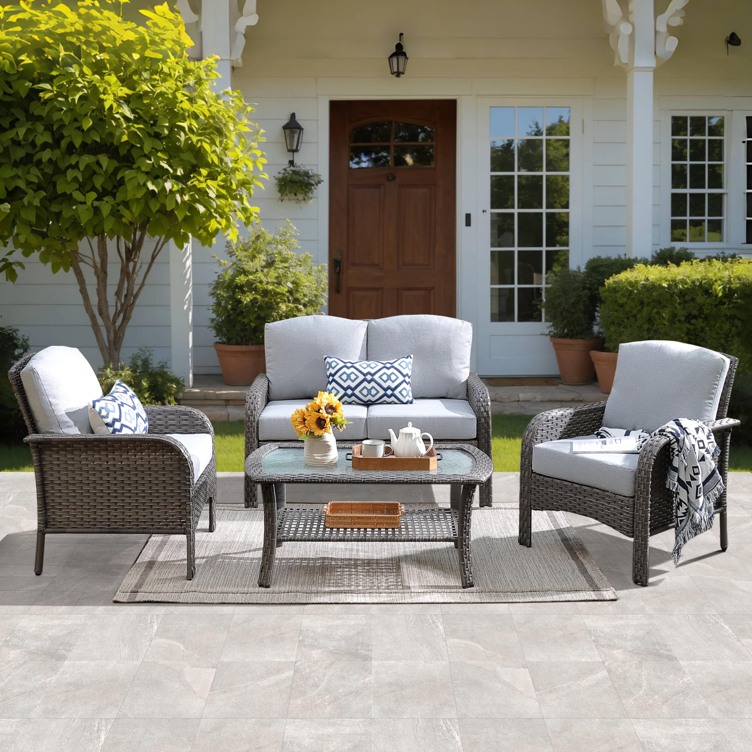 OVIOS 4 Piece Patio Furniture Set High Back All Weather PE Wicker, view 4