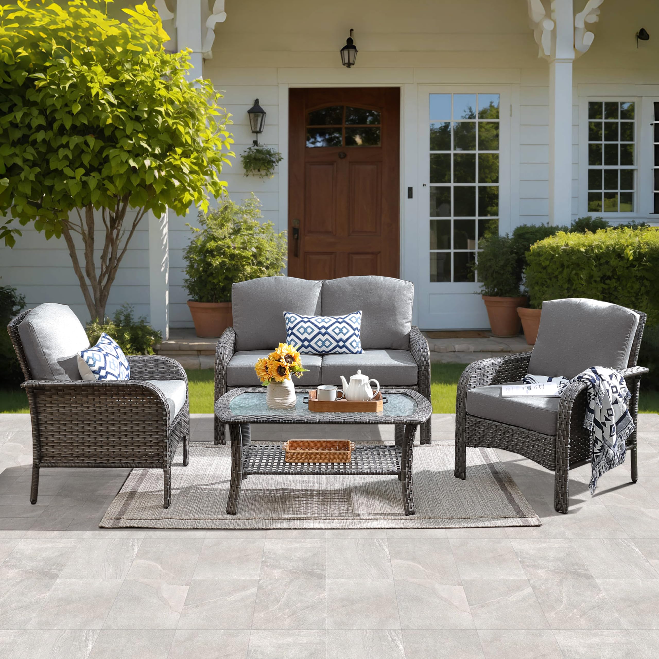 OVIOS 4 Piece Patio Furniture Set High Back All Weather PE Wicker, view 5