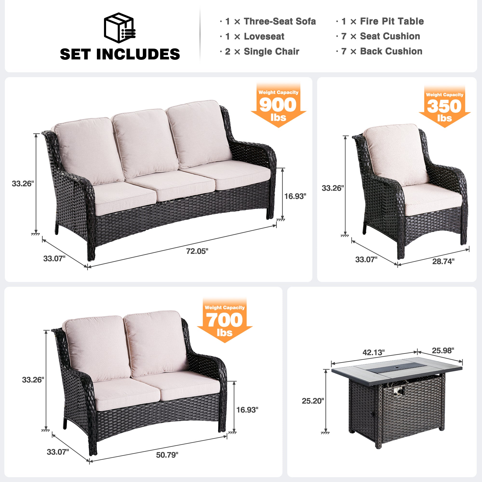 OVIOS Patio Kenard 5-Piece Conversation Set with 42'' Fire Pit Table and Loveseat, view 6