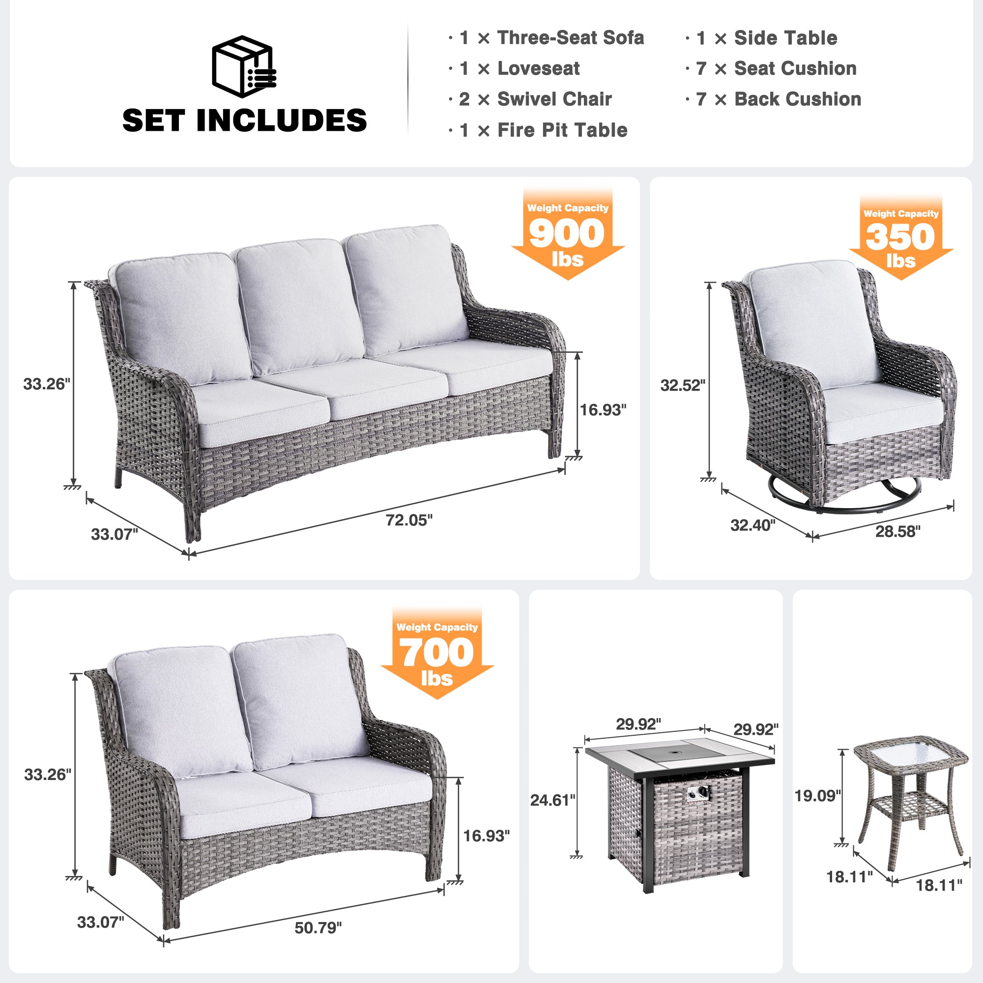 OVIOS Patio Kenard 6-Piece Conversation Set with 42'' Rectangle Propane Fire Pit Table and Rocking Chairs, view 6