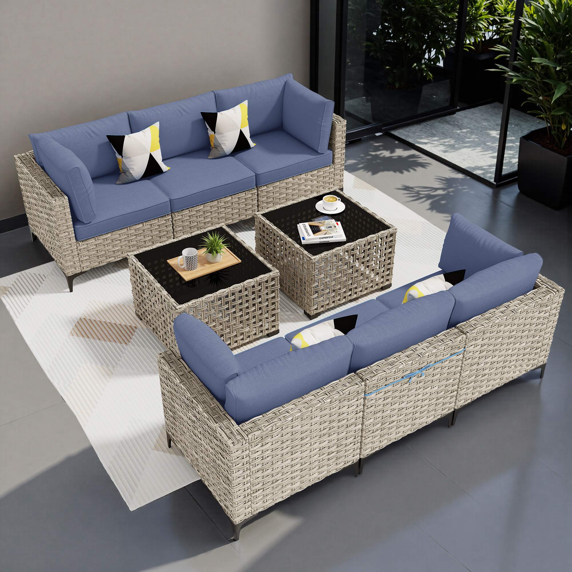 OVIOS Wicker Patio Sectional Conversation Set with Glowing Coffee Table & Single Chairs, view 3