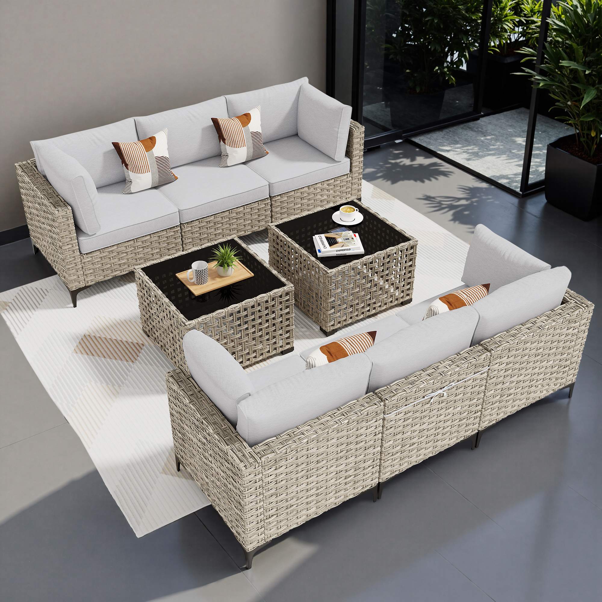 OVIOS Wicker Patio Sectional Conversation Set with Glowing Coffee Table & Single Chairs, view 4
