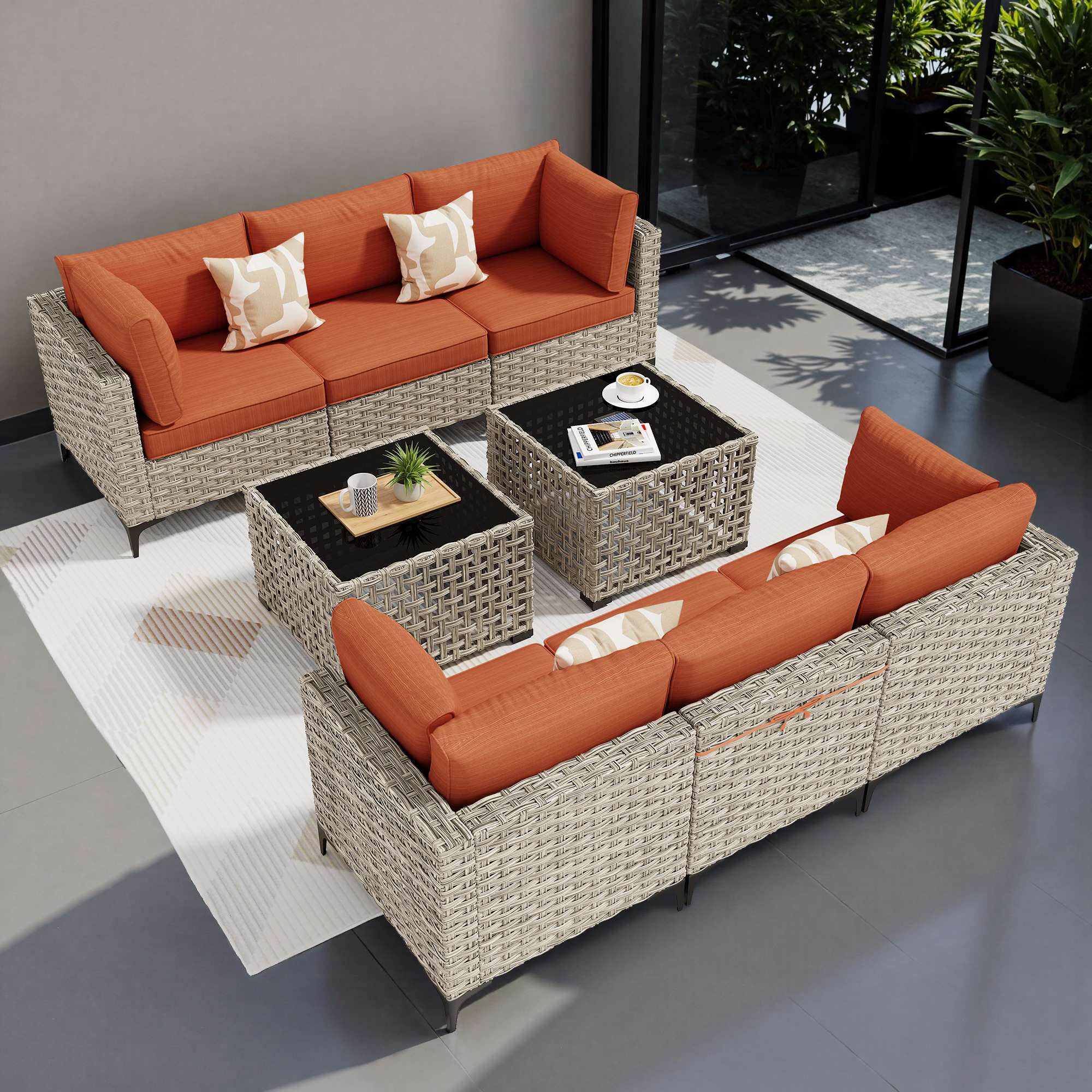 OVIOS Wicker Patio Sectional Conversation Set with Glowing Coffee Table & Single Chairs, view 6