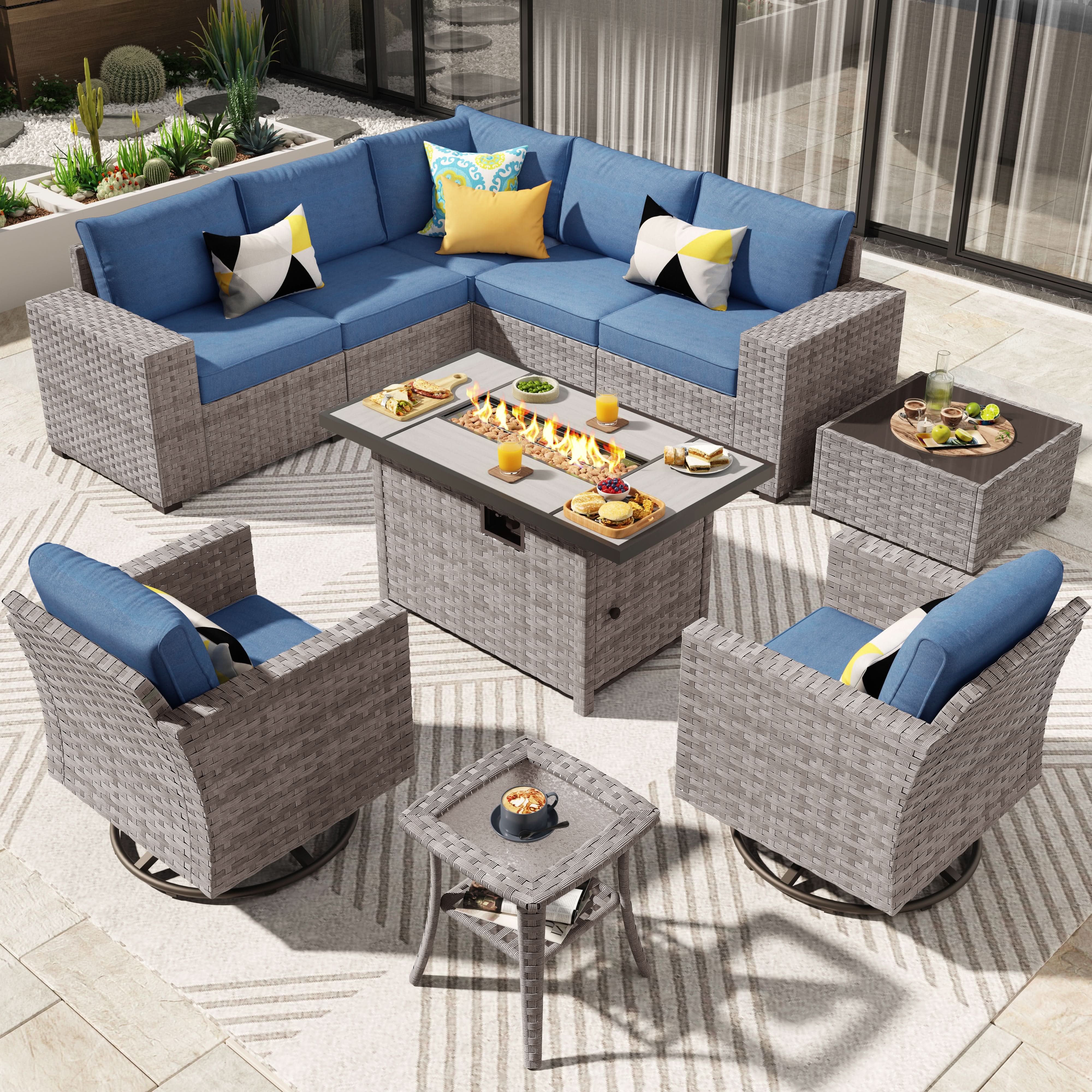 Ovios 10 Pieces Outdoor Patio Furniture Set with Wicker Fire Pit Table and Chairs with Wide Armrests