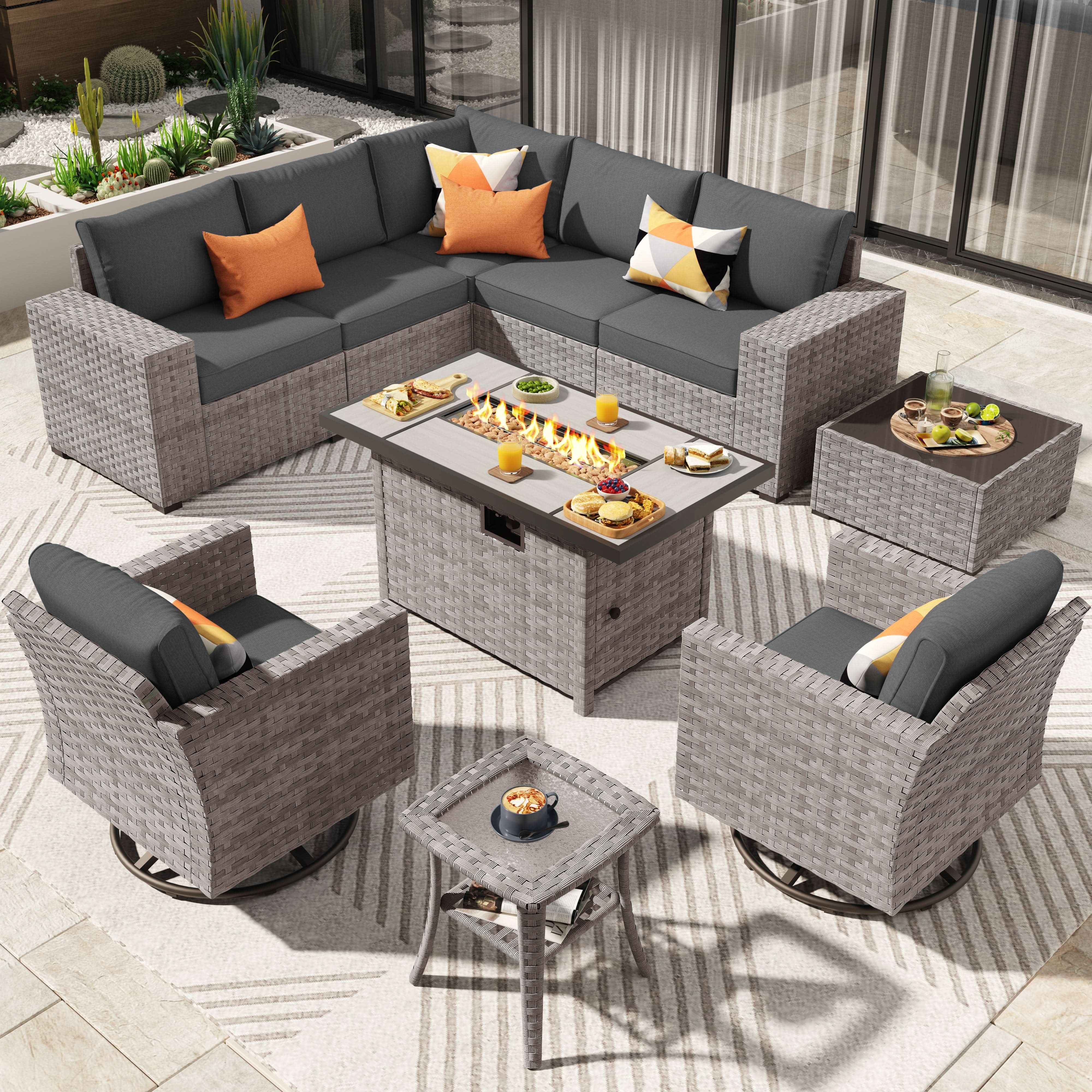 Ovios 10 Pieces Outdoor Patio Furniture Set with Wicker Fire Pit Table and Chairs with Wide Armrests, view 3