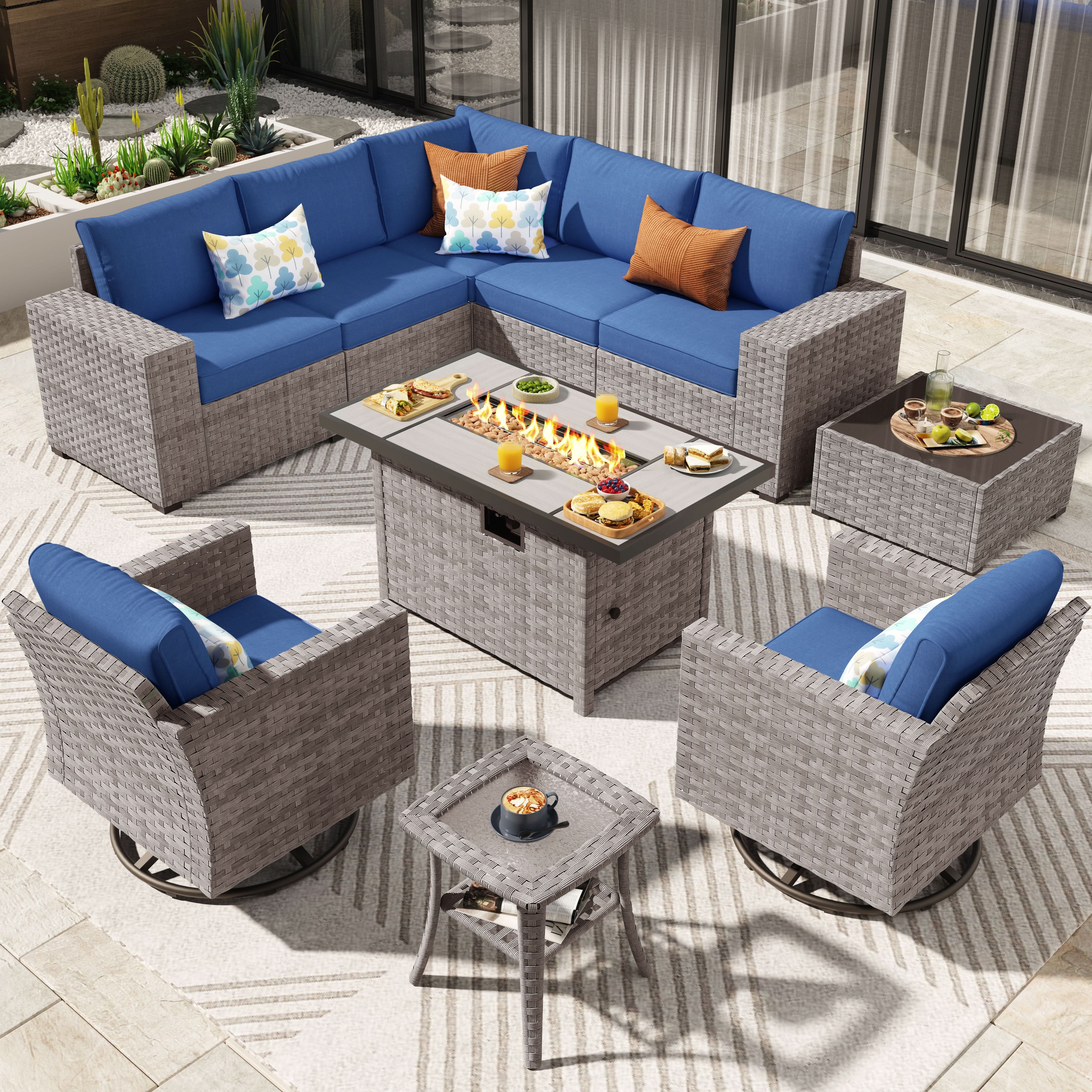 Ovios 10 Pieces Outdoor Patio Furniture Set with Wicker Fire Pit Table and Chairs with Wide Armrests, view 4