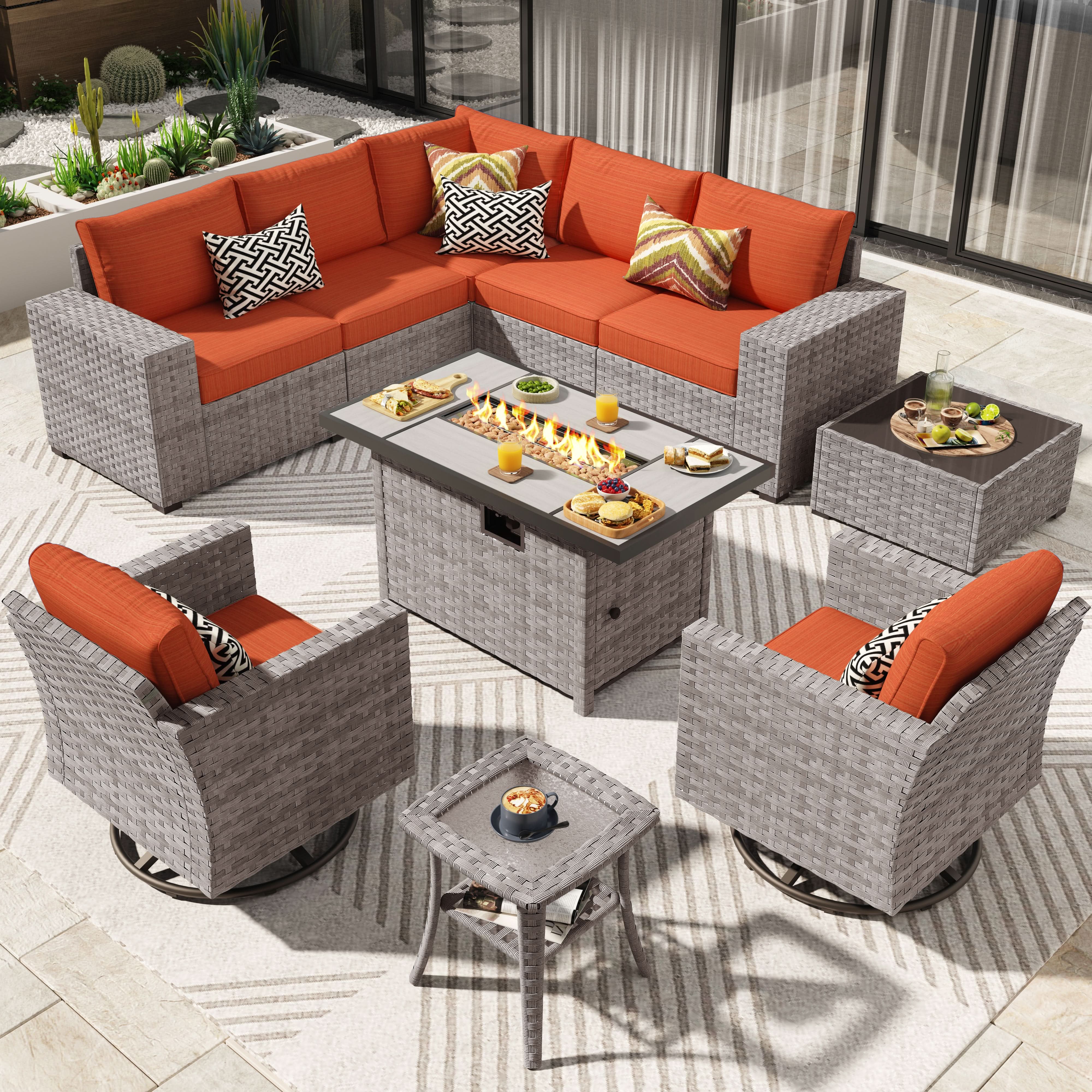 Ovios 10 Pieces Outdoor Patio Furniture Set with Wicker Fire Pit Table and Chairs with Wide Armrests, view 5