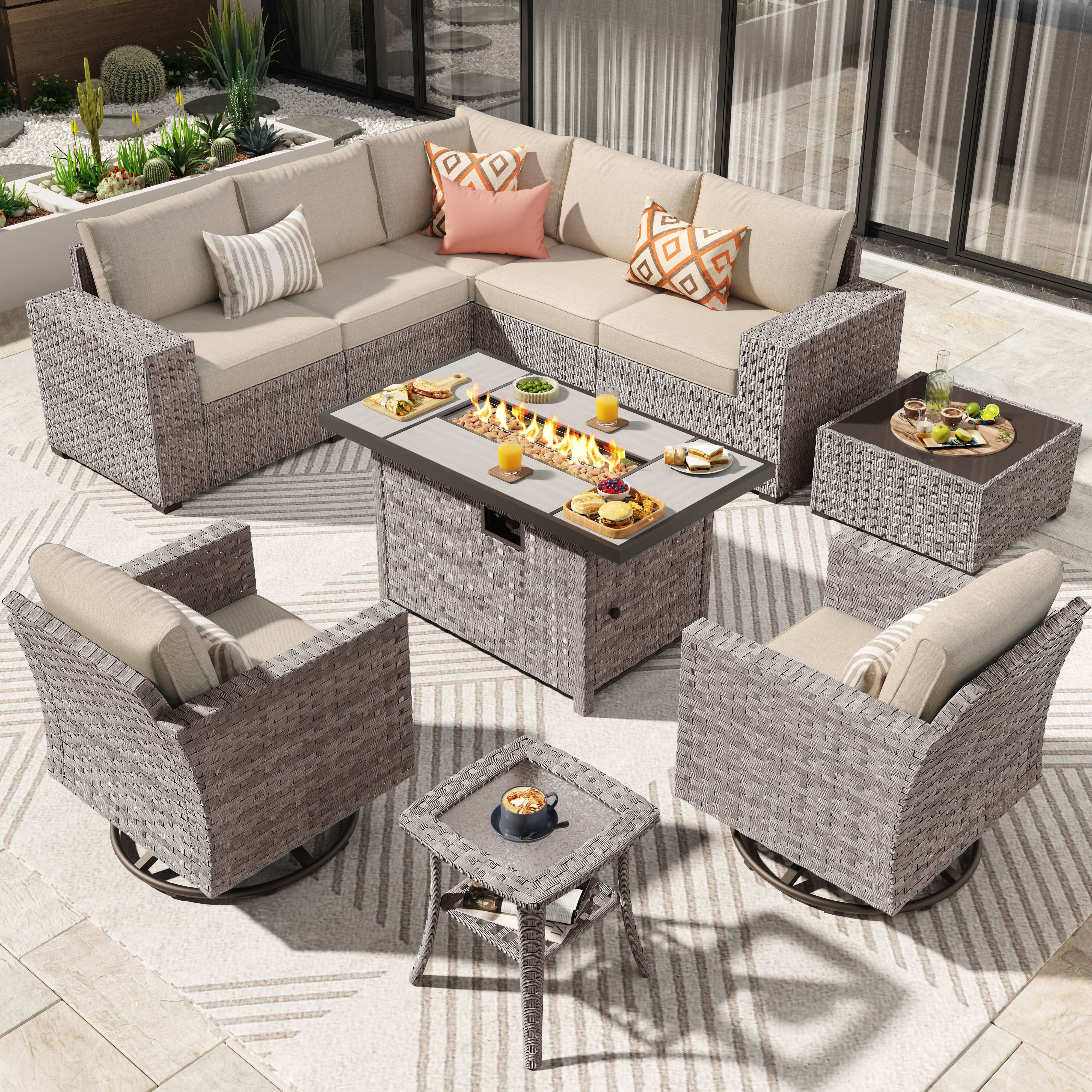 Ovios 10 Pieces Outdoor Patio Furniture Set with Wicker Fire Pit Table and Chairs with Wide Armrests, view 6