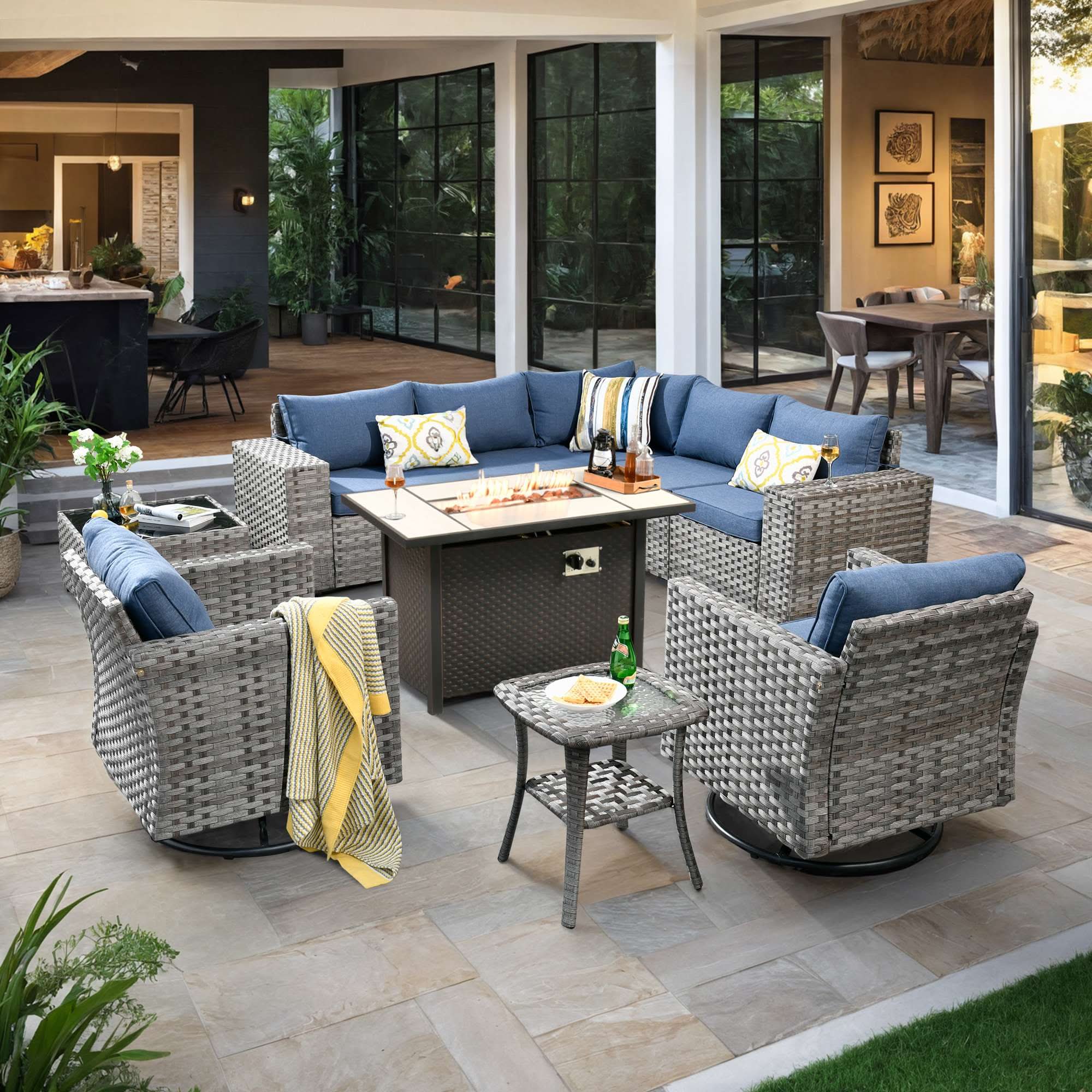 OVIOS 10 Pieces Outdoor Patio Furniture Set with 42‘’ Fire Pit Table and Wide Armrest Chairs