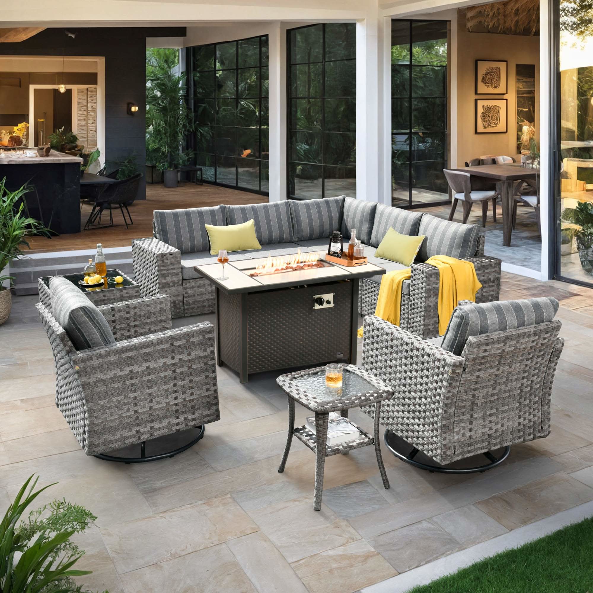 OVIOS 10 Pieces Outdoor Patio Furniture Set with 42‘’ Fire Pit Table and Wide Armrest Chairs, view 3
