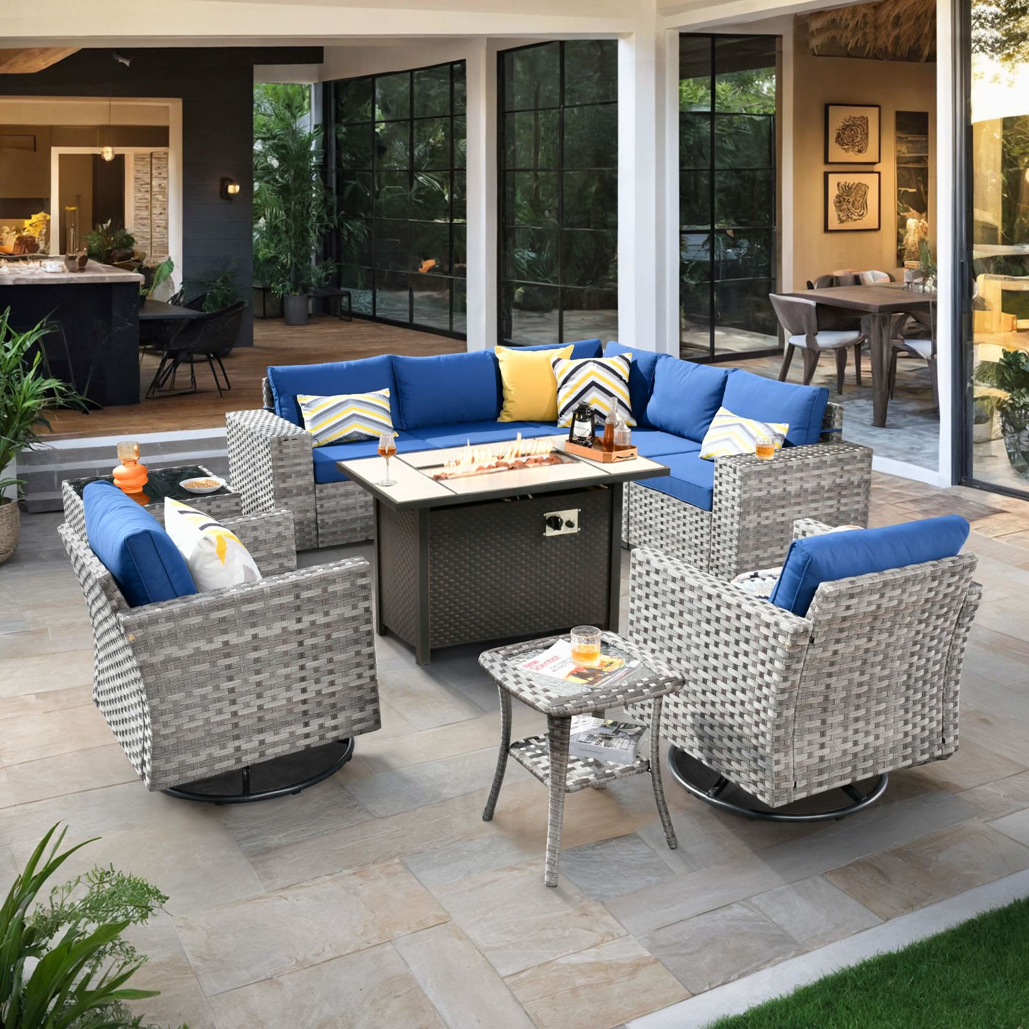 OVIOS 10 Pieces Outdoor Patio Furniture Set with 42‘’ Fire Pit Table and Wide Armrest Chairs, view 4