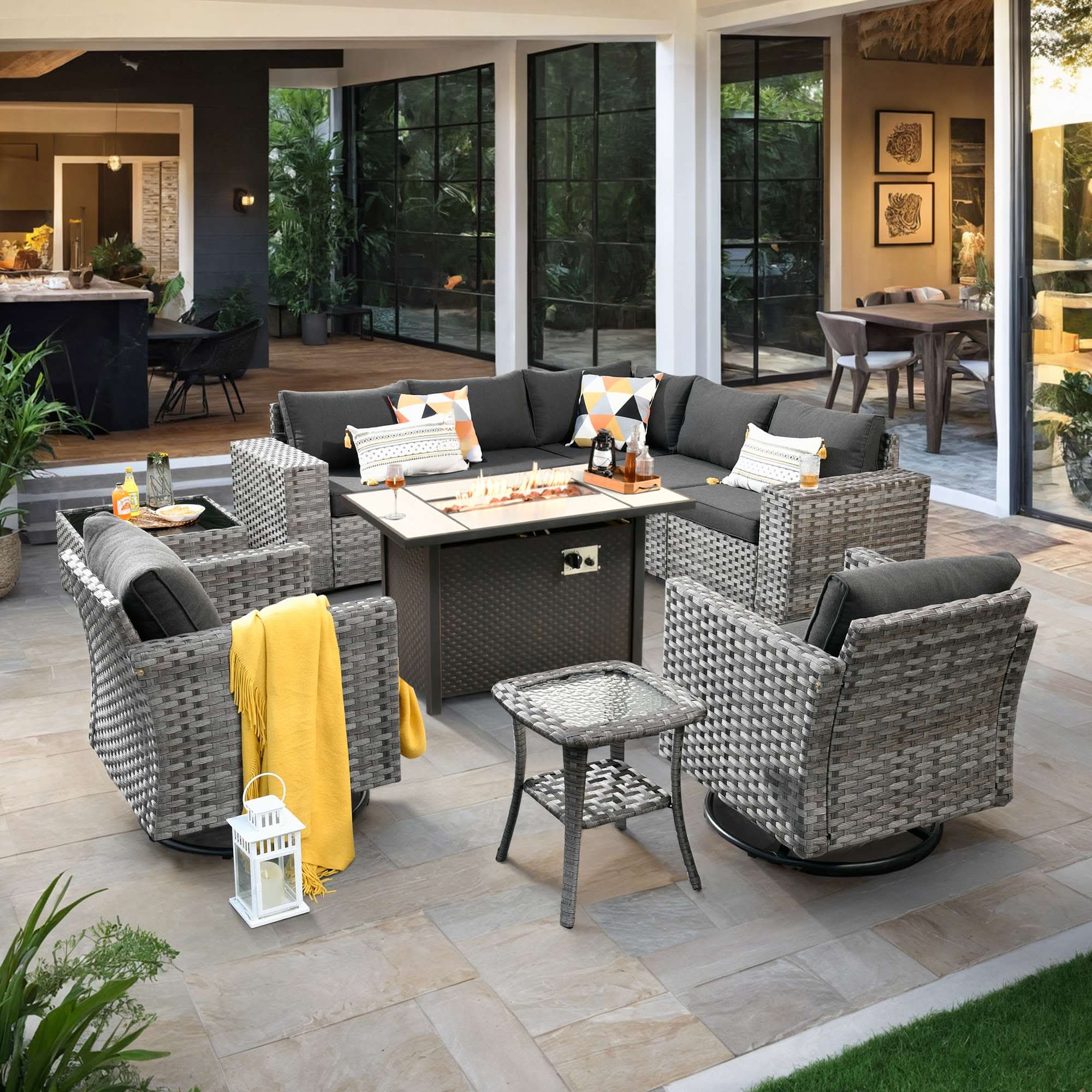 OVIOS 10 Pieces Outdoor Patio Furniture Set with 42‘’ Fire Pit Table and Wide Armrest Chairs, view 5