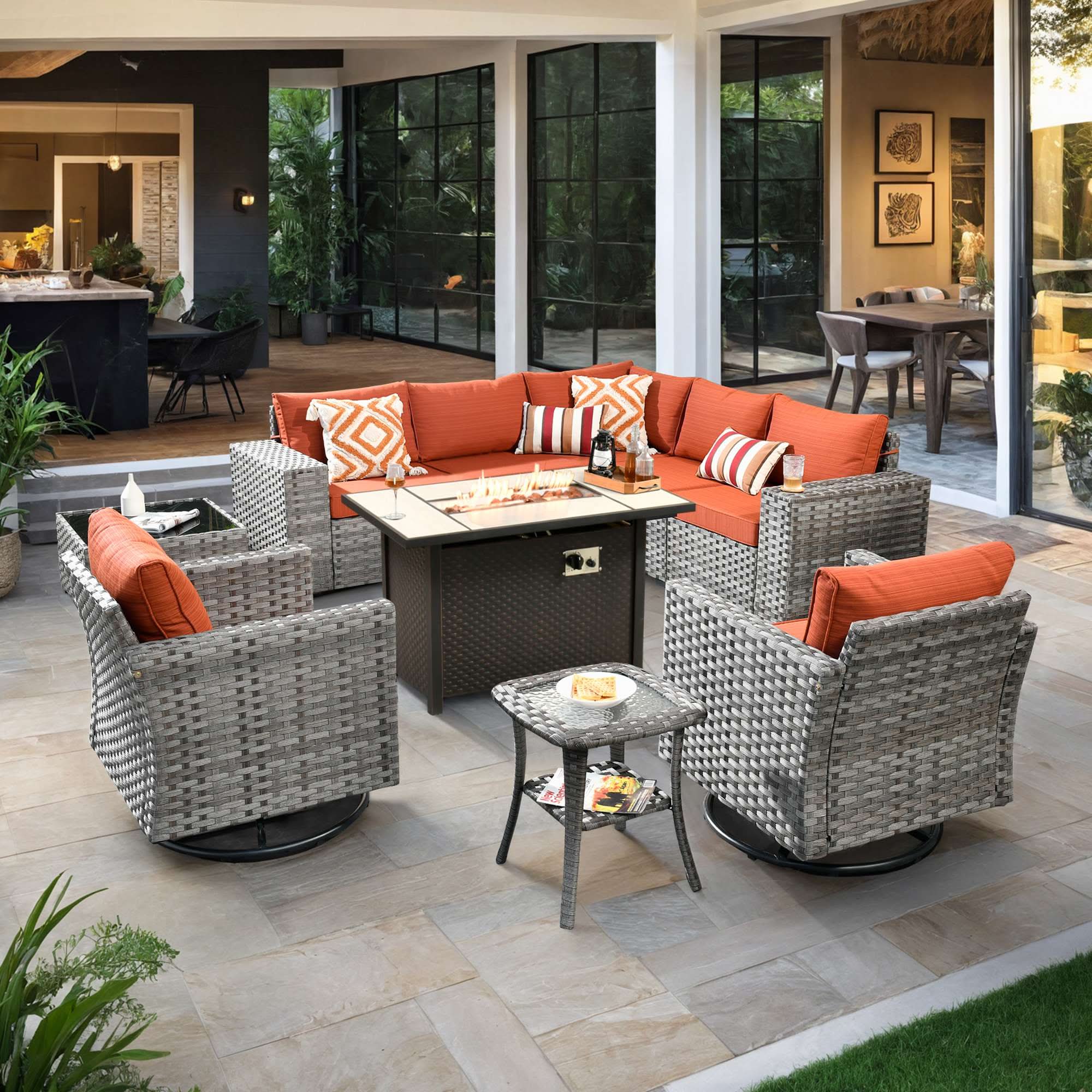 OVIOS 10 Pieces Outdoor Patio Furniture Set with 42‘’ Fire Pit Table and Wide Armrest Chairs, view 6