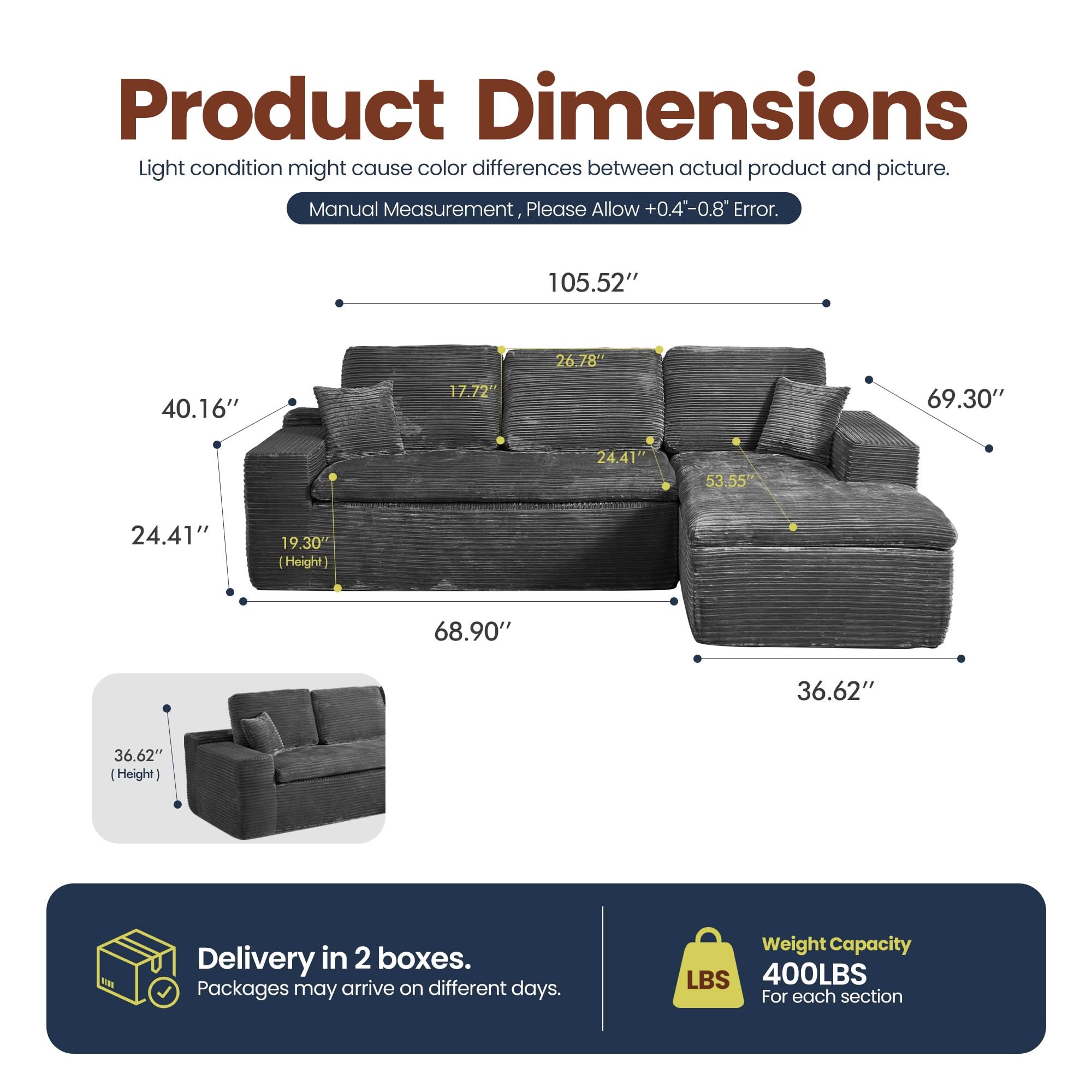 OVIOS 105" Modular L-Shape Sectional Sofa with Chaise, Deep Seat Cloud Couch, view 4