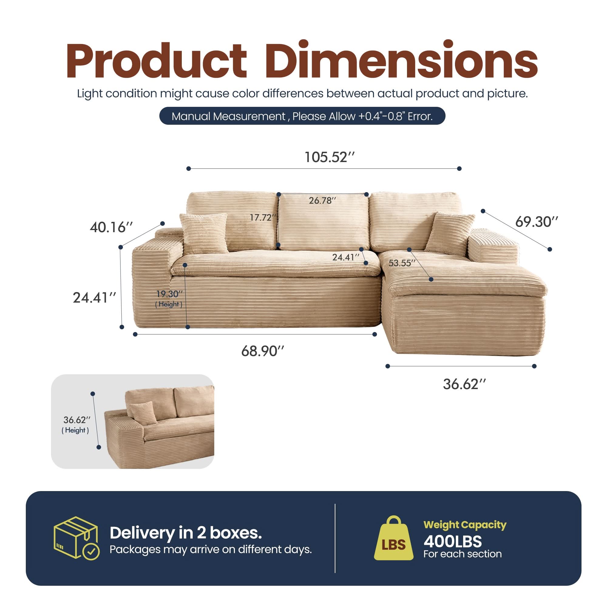 OVIOS 105" Modular L-Shape Sectional Sofa with Chaise, Deep Seat Cloud Couch, view 6