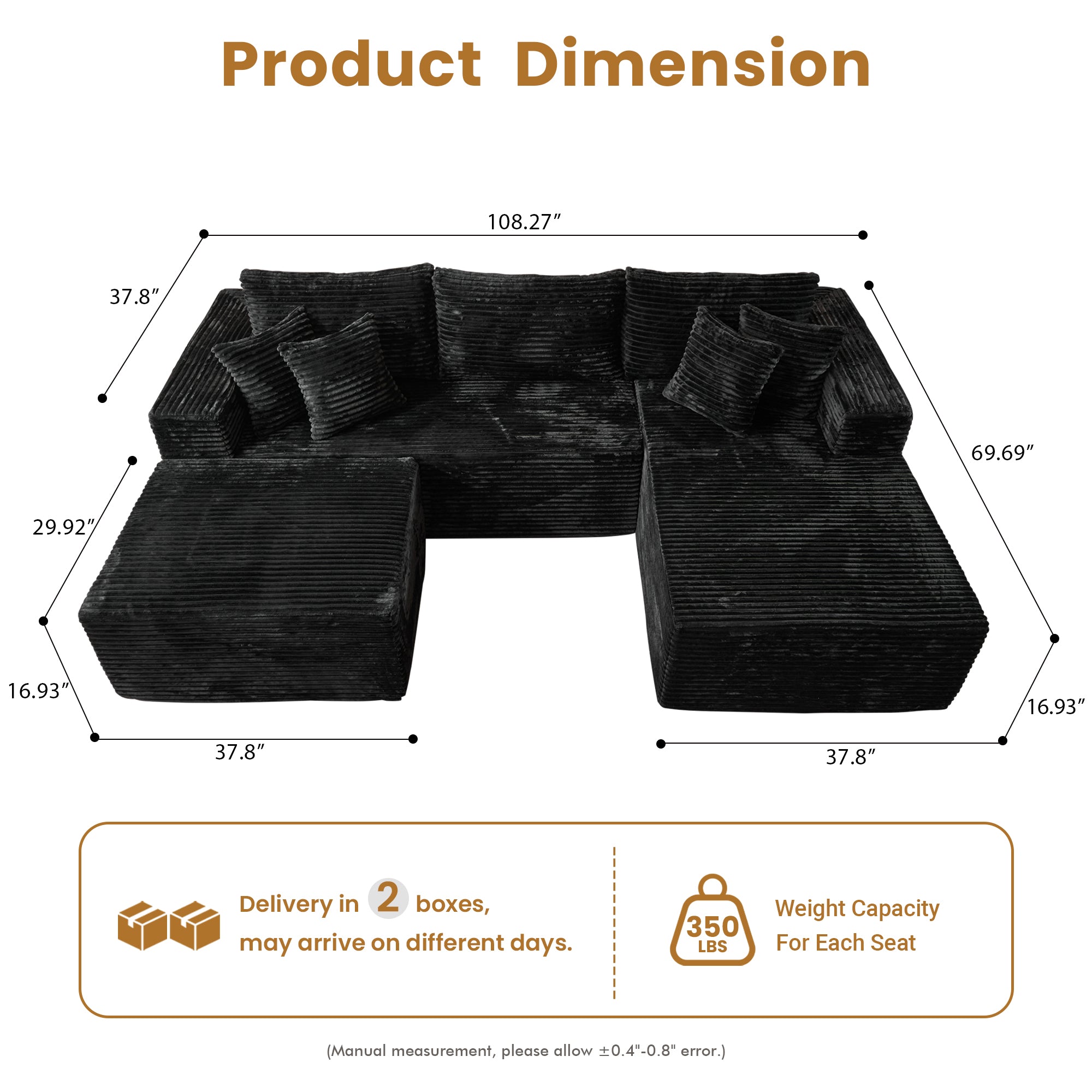 OVIOS 108" U-Shape Modular Couch with Ottoman, Plush Corduroy Fabric, No Assembly Required, view 6