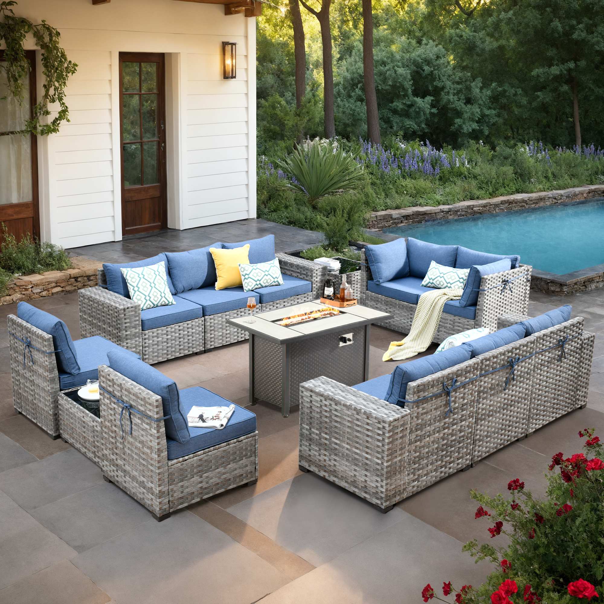 OVIOS 13 Pieces Outdoor Patio Furniture Set with Fire Pit Table and Wide Armrest Chairs