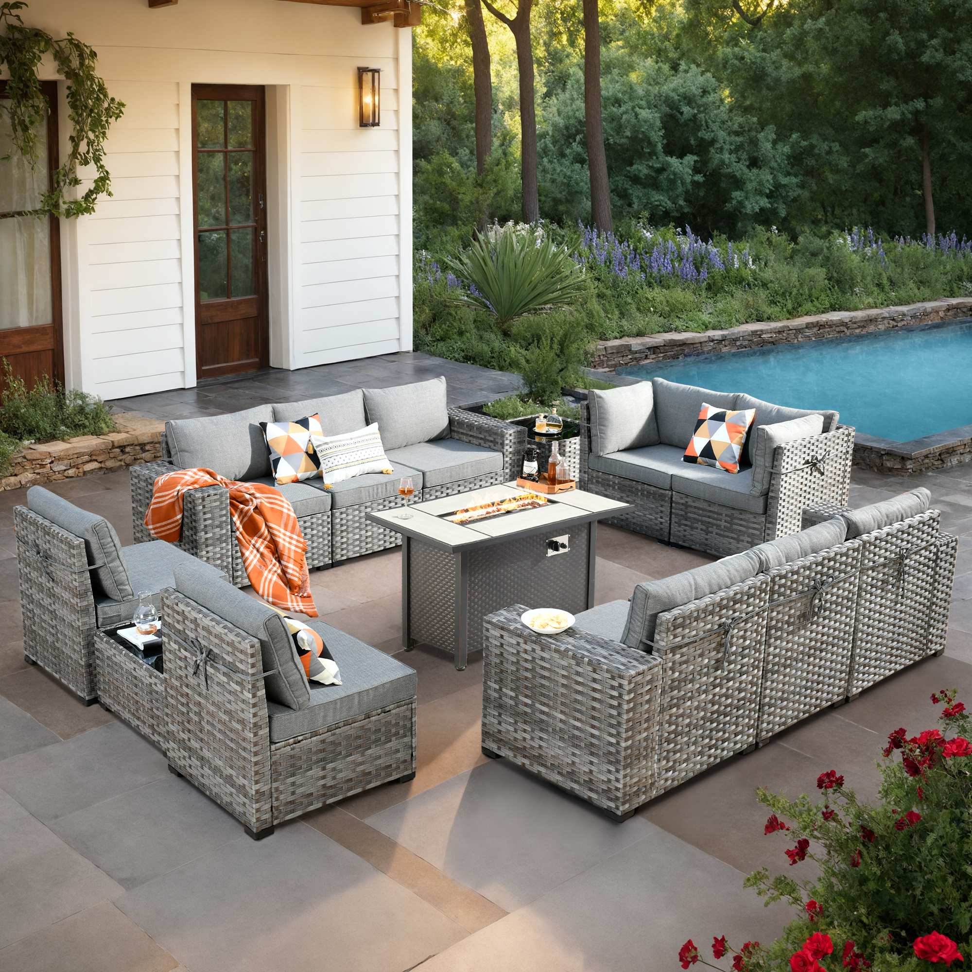 OVIOS 13 Pieces Outdoor Patio Furniture Set with Fire Pit Table and Wide Armrest Chairs, view 3