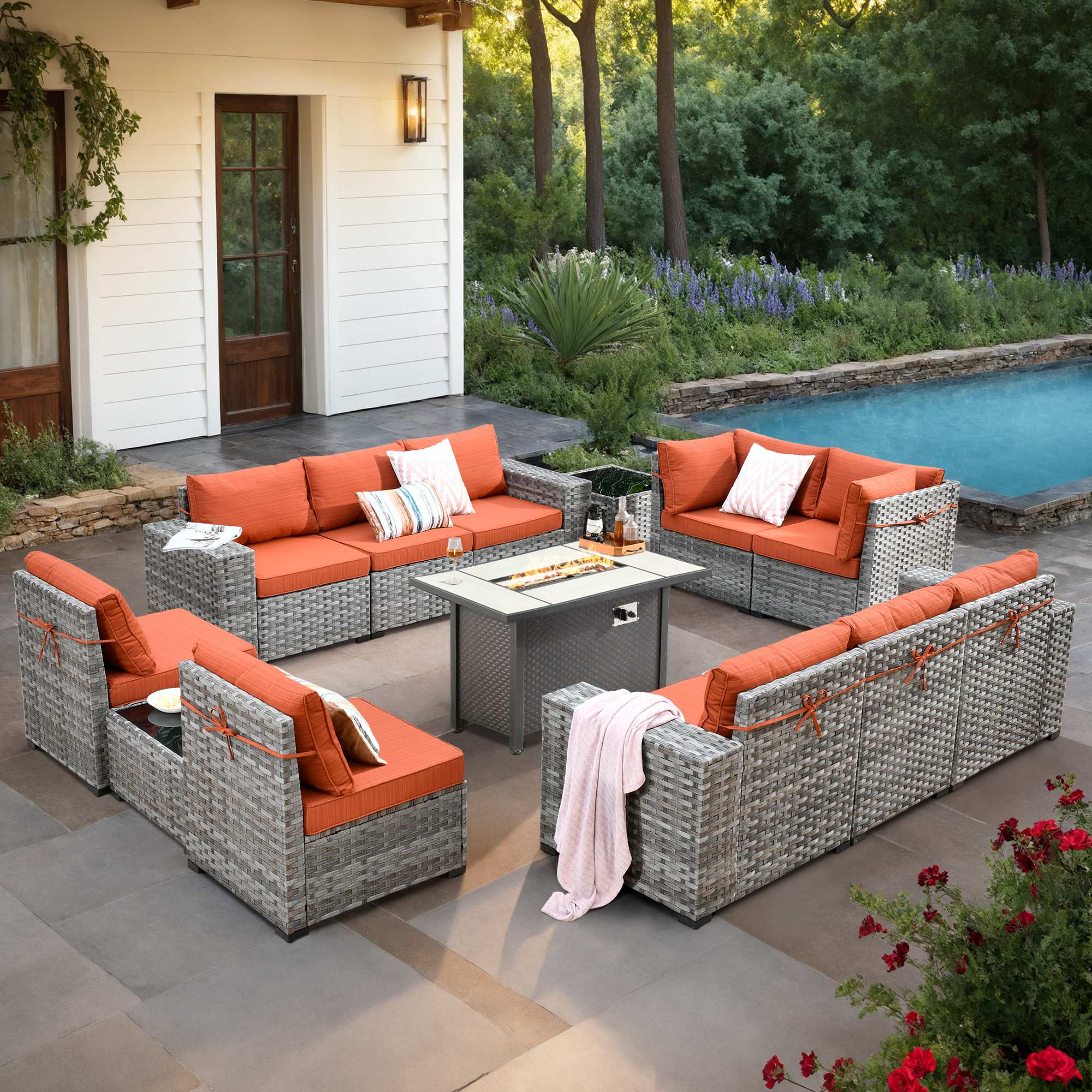 OVIOS 13 Pieces Outdoor Patio Furniture Set with Fire Pit Table and Wide Armrest Chairs, view 4